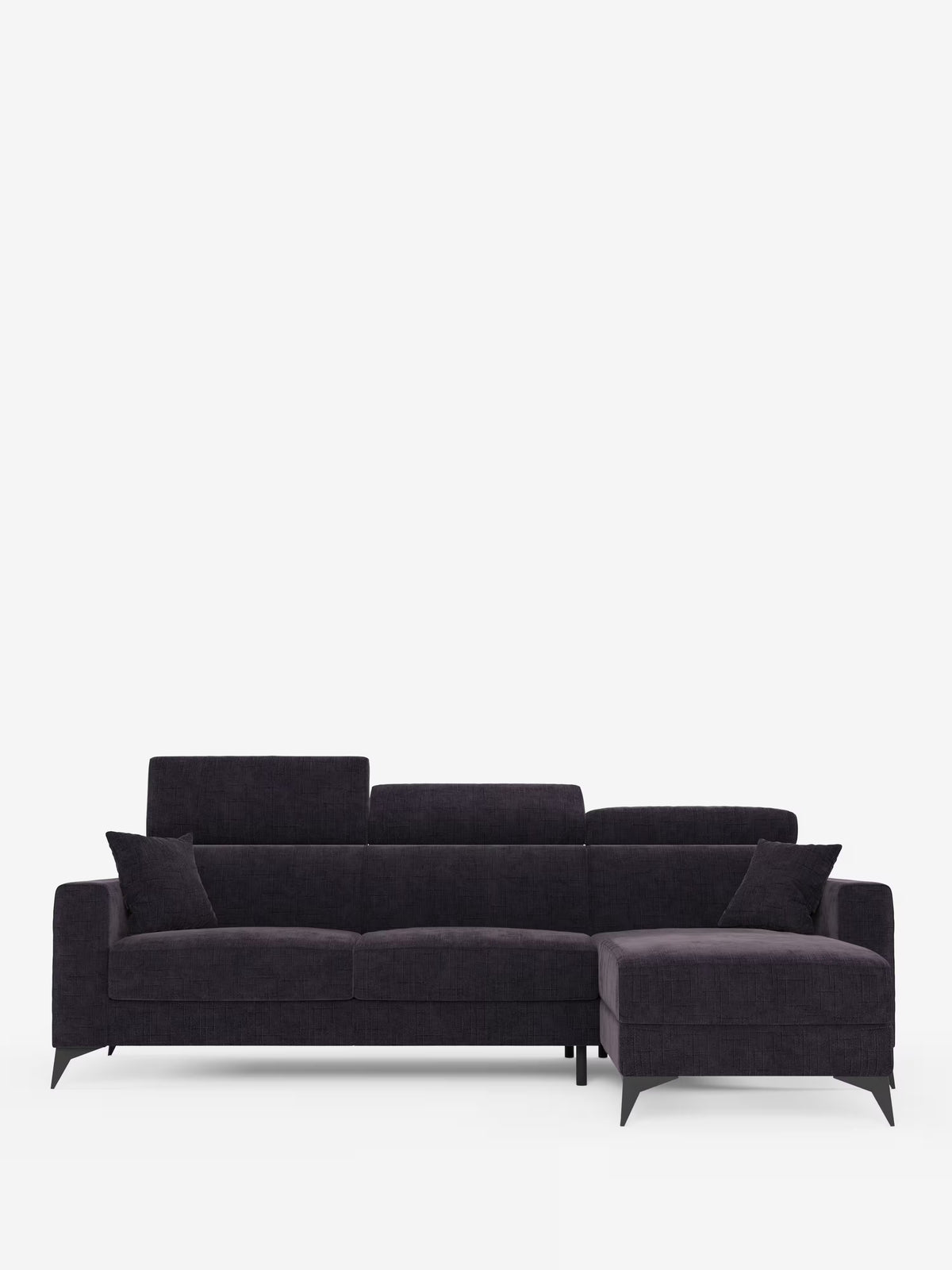 Vi presentiamo il divano letto angolare Pegaso di Divani.Store: un elegante divano componibile grigio scuro realizzato in tessuto jacquard T22 resistente alle macchie. Dotato di tre cuscini di seduta, due cuscini quadrati coordinati e una chaise longue sul lato destro con contenitore nascosto (penisola contenitore), questo versatile divano offre stile e praticità. I suoi poggiatesta reclinabili, i braccioli dritti e le sottili gambe nere angolate aggiungono un tocco di eleganza contemporanea massimizzando