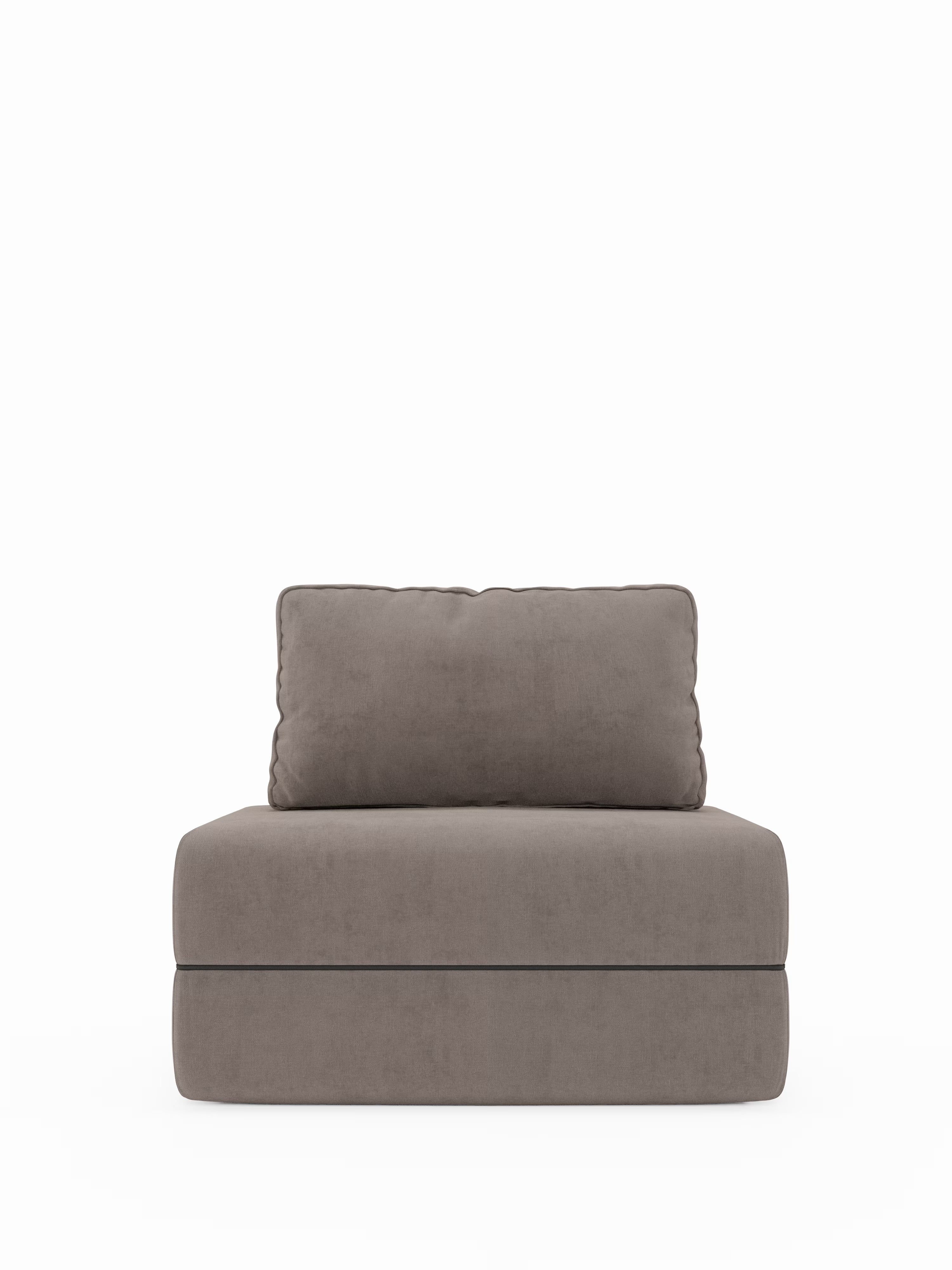 Una poltrona letto Rift di Divani.Store, caratterizzata da un rivestimento grigio antimacchia (T31), un materasso in memory foam dello spessore di 22 cm, un cuscino dello schienale rettangolare rimovibile e senza braccioli, è posizionata su uno sfondo bianco liscio.