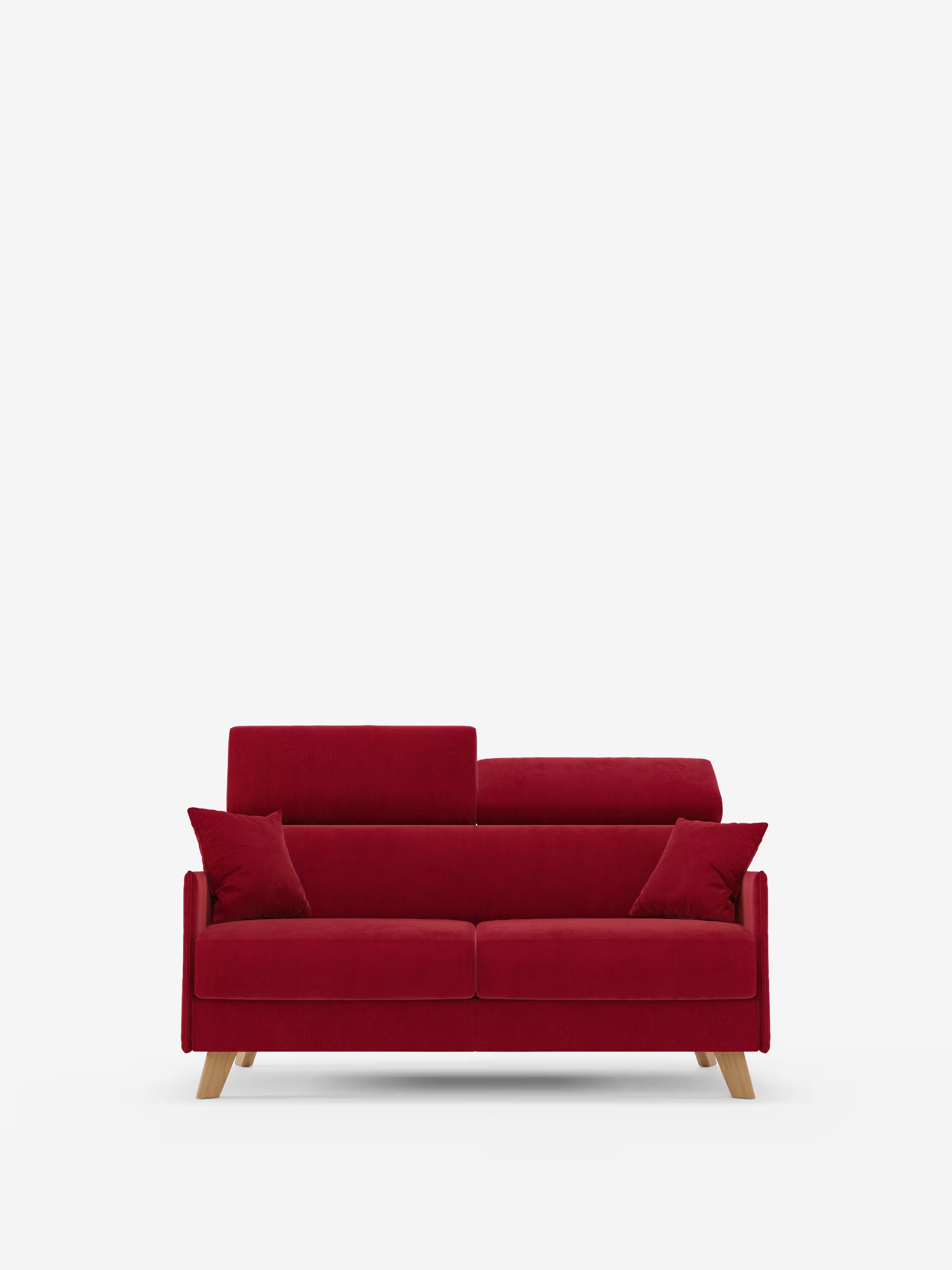 Un divano letto "Sole" rosso contemporaneo di Divani.Store, caratterizzato da un design compatto ispirato allo stile scandinavo con linee pulite, è posizionato al centro su uno sfondo bianco a tinta unita. Il divano è dotato di due cuscini rossi abbinati, gambe in legno e poggiatesta regolabili; i rivestimenti sono completamente sfoderabili e realizzati in tessuto T23 resistente alle macchie.