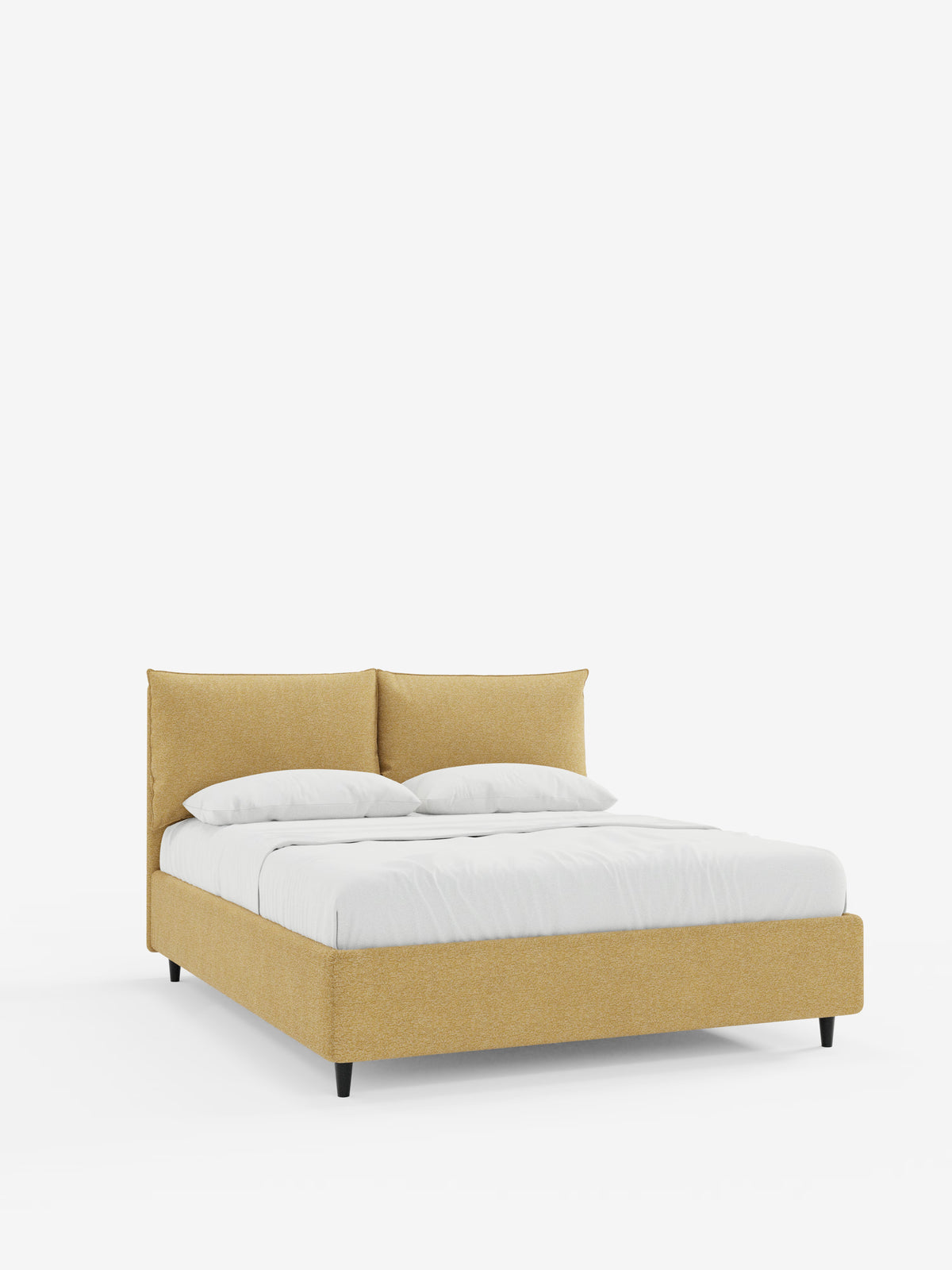Il letto imbottito ZAYRON di Letti.store si distingue per il suo design moderno, con struttura e testiera rivestite in tessuto giallo senape certificato Oeko-Tex®. È dotato di due morbidi cuscini regolabili e di un piumone bianco ben sistemato, il tutto sostenuto da gambe corte e scure su uno sfondo bianco a tinta unita. Questo modello include anche un pratico vano contenitore per una maggiore funzionalità.