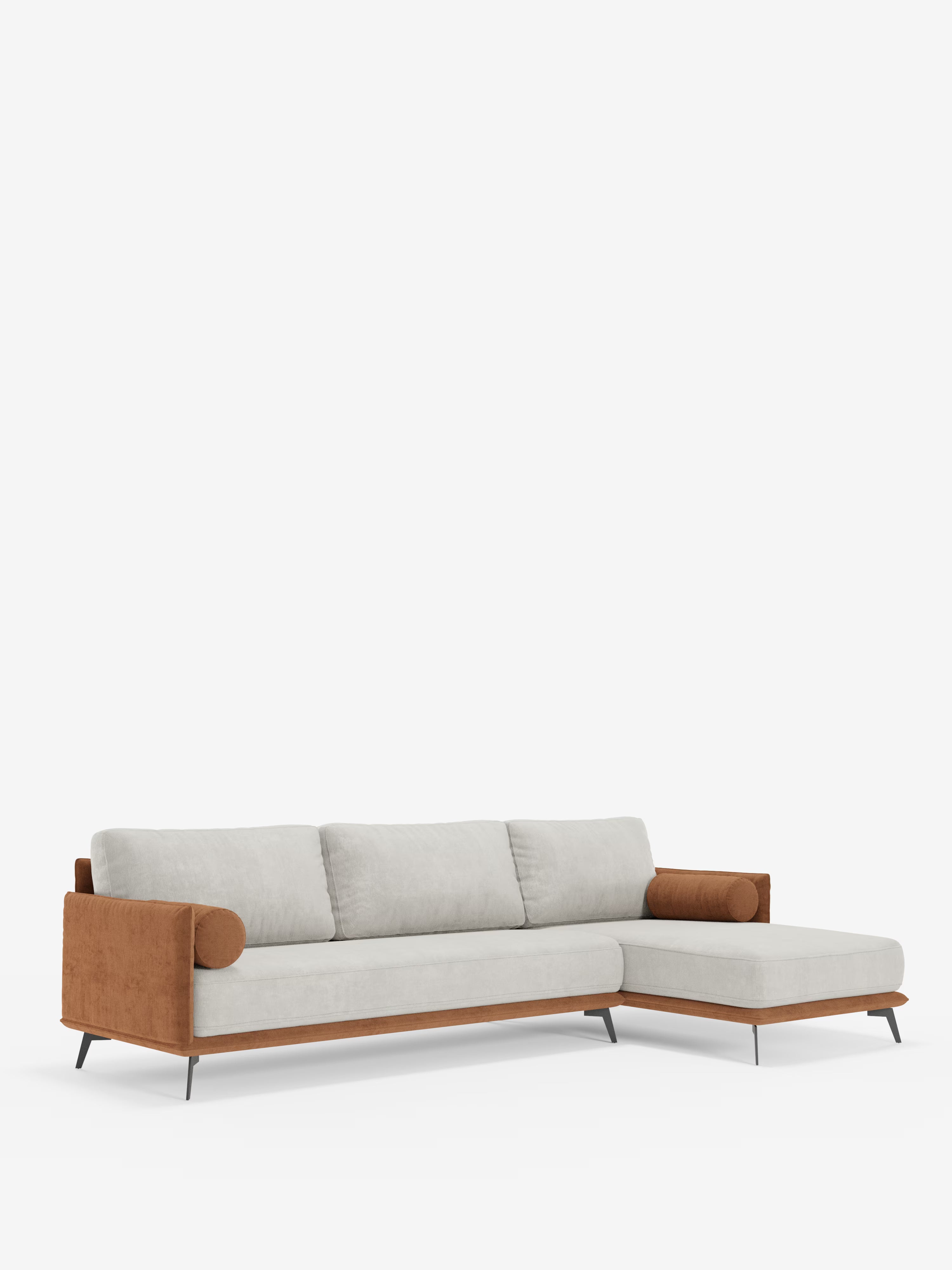 Basalto canapé d'angle bicolore avec méridienne et base en métal - dossiers en plumes et tissu détachable T31