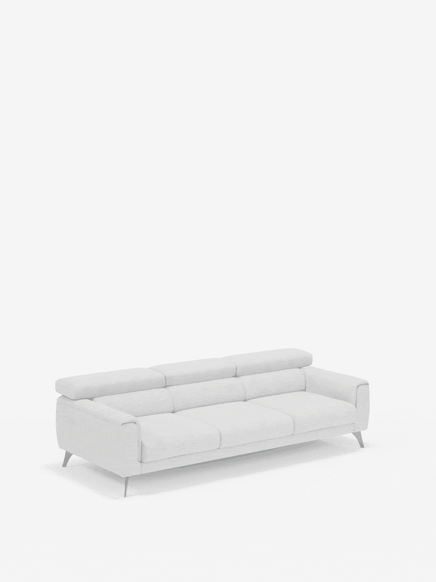 Un divano Caravaggio bianco minimalista a quattro posti di Divani.Store, dotato di tre sedute scorrevoli e poggiatesta regolabili in tessuto T31 facile da pulire, è posizionato al centro su uno sfondo bianco a tinta unita. Questo elemento d’arredo moderno presenta cuscini di seduta trapuntati e uno schienale basso che ne esalta il design elegante e contemporaneo. Non sono visibili cuscini né decorazioni aggiuntive.