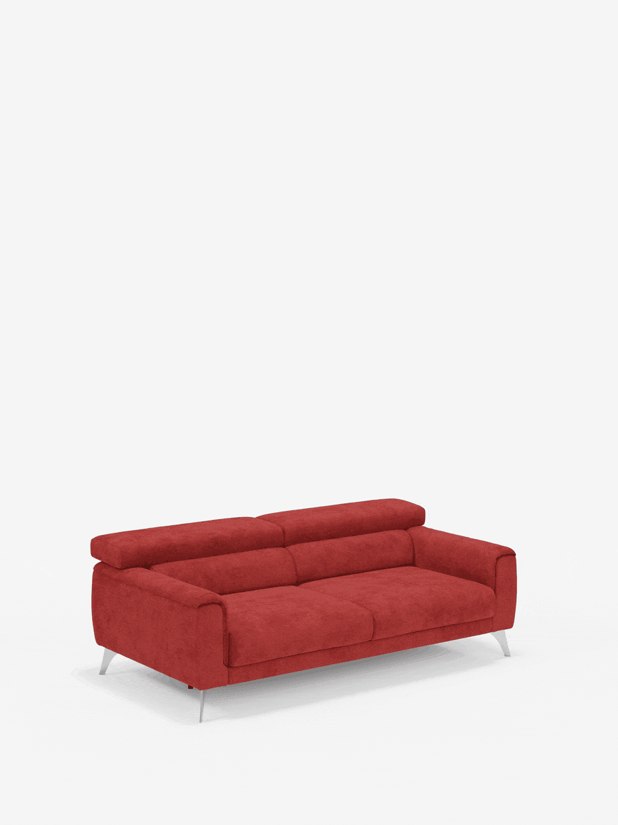 Un divano Caravaggio rosso in versione contemporanea a 2 e 3 posti di Divani.Store, dotato di sedute estensibili e poggiatesta reclinabili, rivestito in un elegante tessuto T31 resistente alle macchie, spicca su uno sfondo bianco a tinta unita. Caratterizzato da linee pulite, sedute imbottite e braccioli, questo divano moderno incarna un’estetica minimalista, ideale per qualsiasi soggiorno contemporaneo.