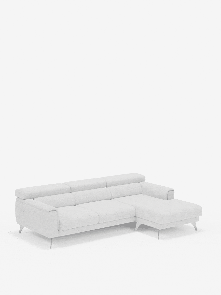 Un divano angolare Caravaggio in stile contemporaneo con penisola e sedute scorrevoli in tessuto smacchiabile T31 di Divani.Store, disponibile in una finitura grigio chiaro. Questo divano componibile presenta una chaise longue orientata a destra, schienali bassi, gambe corte e angolate e linee pulite che ne caratterizzano il design minimalista. Su uno sfondo bianco a tinta unita, le sue sedute scorrevoli garantiscono comfort personalizzabile e flessibilità.