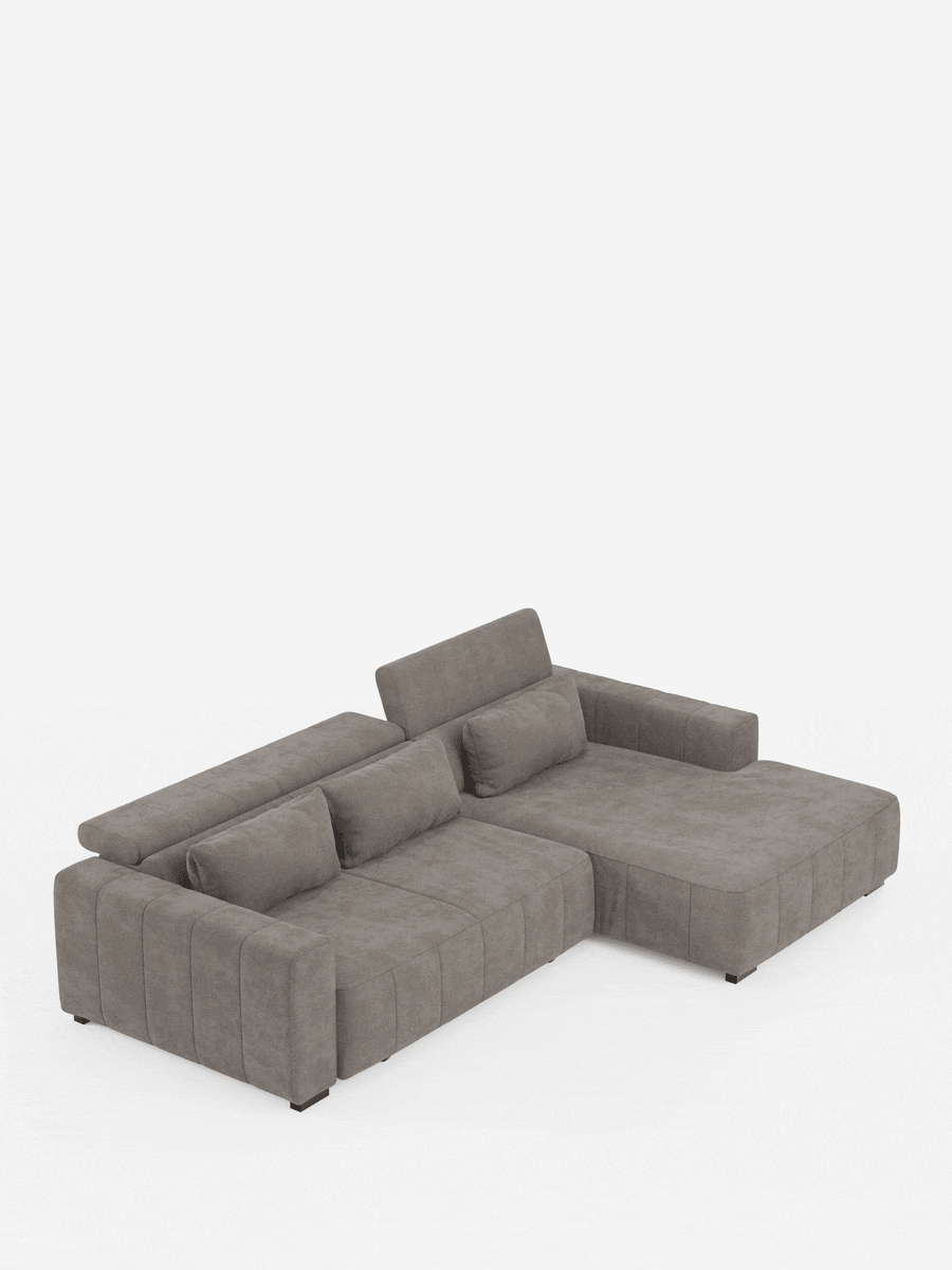 Doric Canapé d’angle avec méridienne et assises extensibles avec relax électrique - appuie-têtes inclinables en tissu anti-taches T23