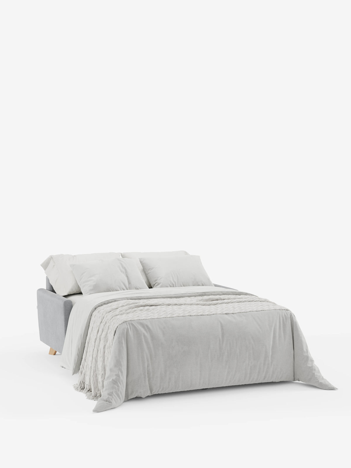 Il divano letto Francy con poggiatesta regolabili di Divani.Store — rivestito al 100% in elegante tessuto T30 resistente alle macchie e completamente sfoderabile — viene trasformato in letto, con un piumone grigio chiaro, un plaid in maglia ripiegato e quattro cuscini. Sullo sfondo bianco a tinta unita risaltano il design pulito e minimalista e la morbida consistenza della biancheria da letto.