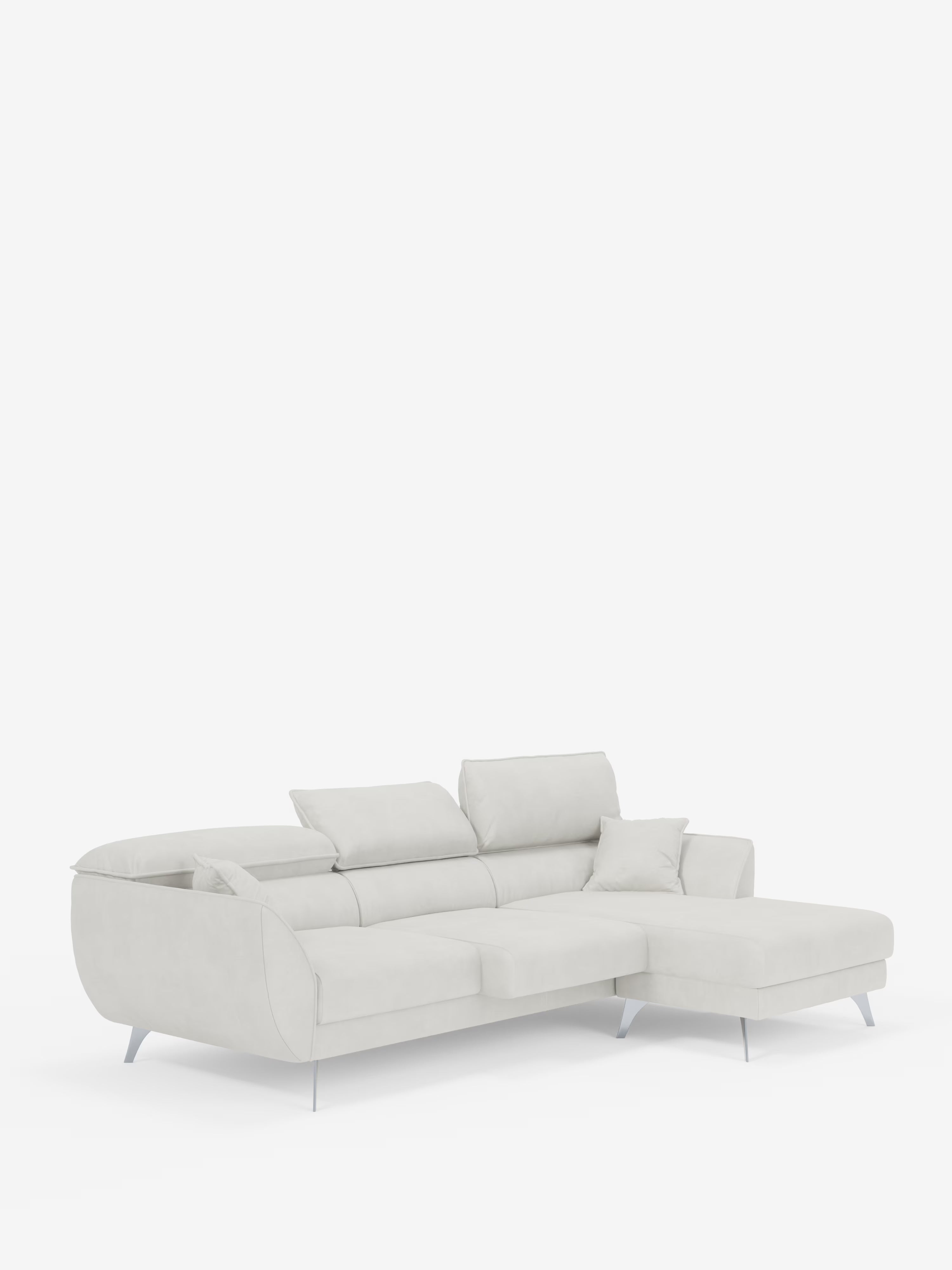 Il divano angolare con penisola e sedute estensibili Michelangelo di Divani.Store è rivestito in un elegante tessuto T30 effetto vellutino, resistente alle macchie, in grigio chiaro. Dotato di poggiatesta regolabili, bracciolo sul lato sinistro e una penisola a chaise longue che si estende verso destra, questo divano componibile presenta linee moderne ed eleganti e pratiche sedute estensibili per un comfort ancora maggiore. Poggia su sottili gambe argentate su uno sfondo bianco a tinta unita.