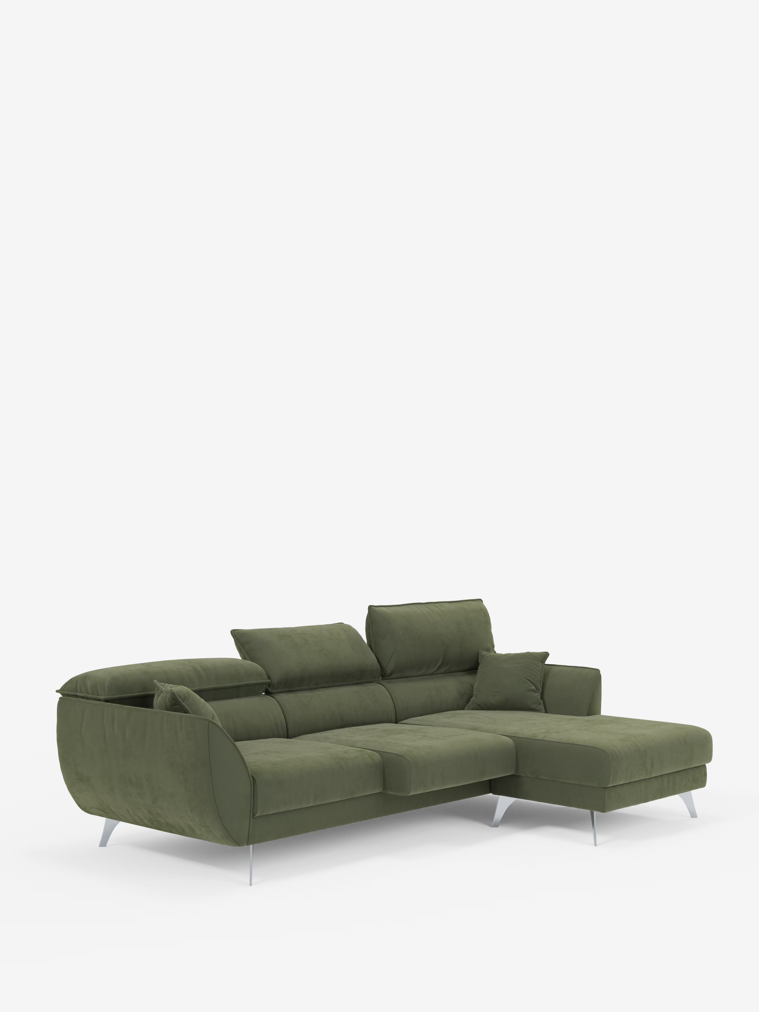 Il divano angolare con penisola e sedute estensibili “Michelangelo” di Divani.Store è un moderno divano componibile rivestito in raffinato tessuto T30 verde oliva effetto vellutino, resistente alle macchie. È dotato di tre posti principali con sedute estensibili, poggiatesta regolabili e una chaise longue integrata sul lato destro. Le gambe metalliche sottili e angolate e il design minimalista ne completano il look contemporaneo, qui presentato su uno sfondo bianco a tinta unita.