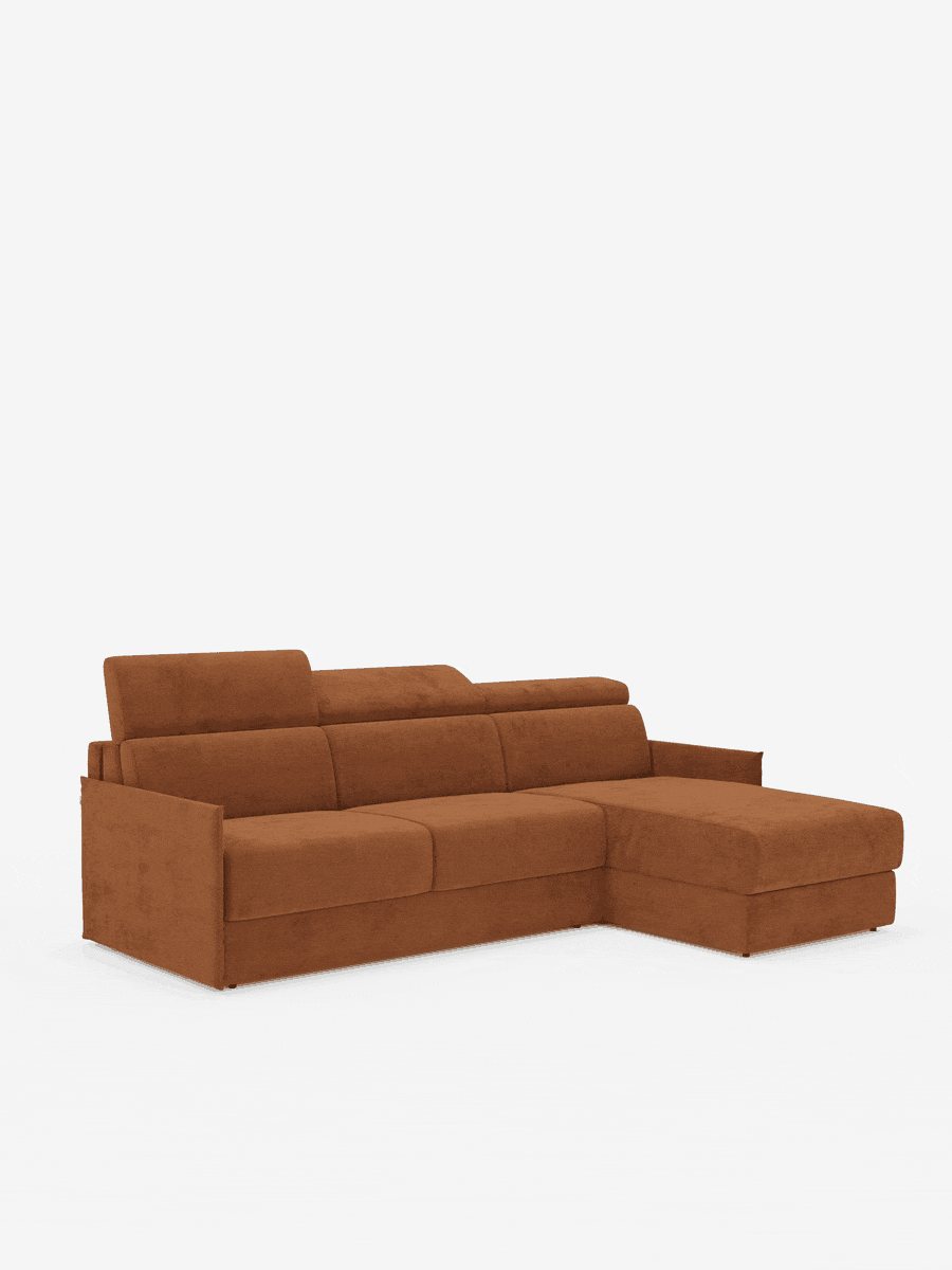 Miryam canapé convertible d'angle compact - têtières inclinables et méridienne coffre en tissu détachable T31