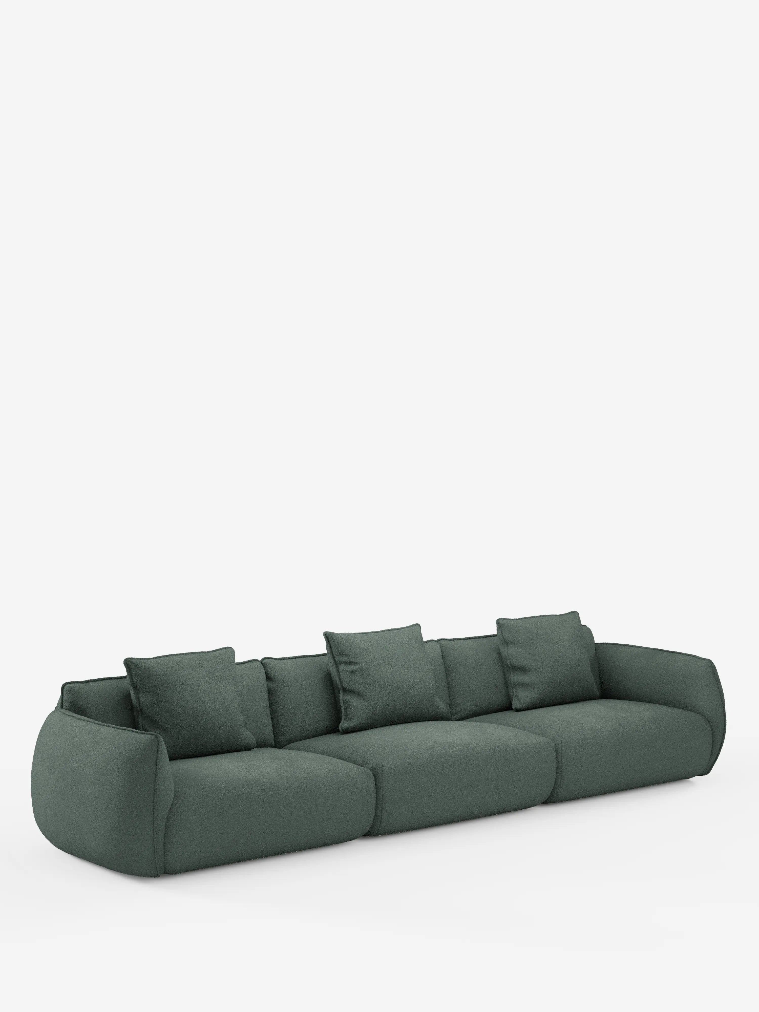 Un divano modulare contemporaneo Nimbus verde scuro a 3 posti di Divani.Store, realizzato in morbido tessuto T33 effetto cotone resistente alle macchie, dotato di tre cuscini di seduta e cuscini dello schienale abbinati, caratterizzati da una silhouette bassa e arrotondata e da un rivestimento soffice, presentato su uno sfondo bianco a tinta unita.