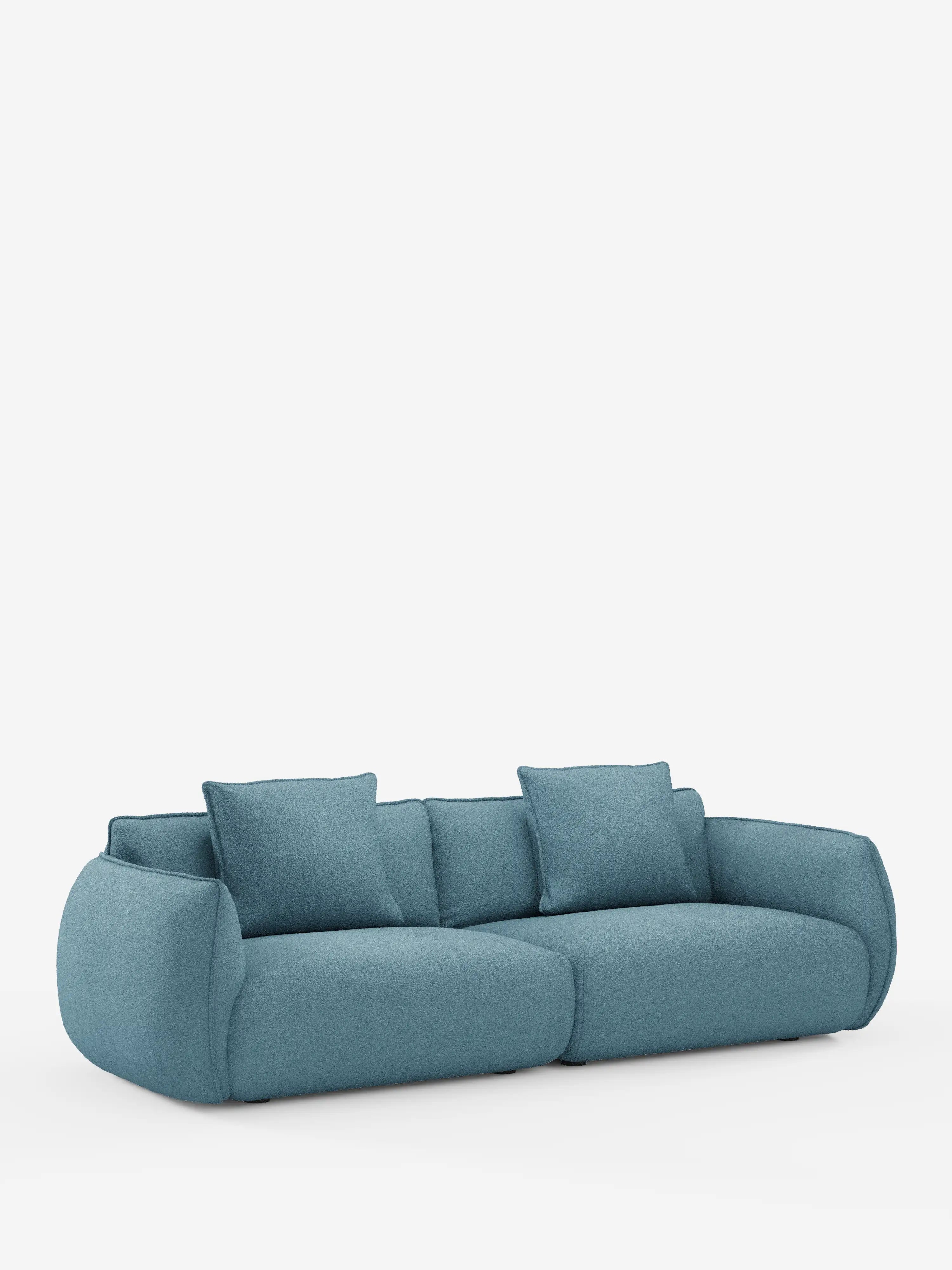 Un divano Nimbus blu in stile contemporaneo, a 3 posti, modulare e componibile da 250 cm di Divani.Store, caratterizzato da morbidi braccioli arrotondati e da uno schienale rivestiti in tessuto effetto cotone t33, rimovibile e resistente alle macchie; due cuscini quadrati abbinati fanno da contrappunto al design minimalista, con il divano posizionato su uno sfondo bianco senza cuciture.