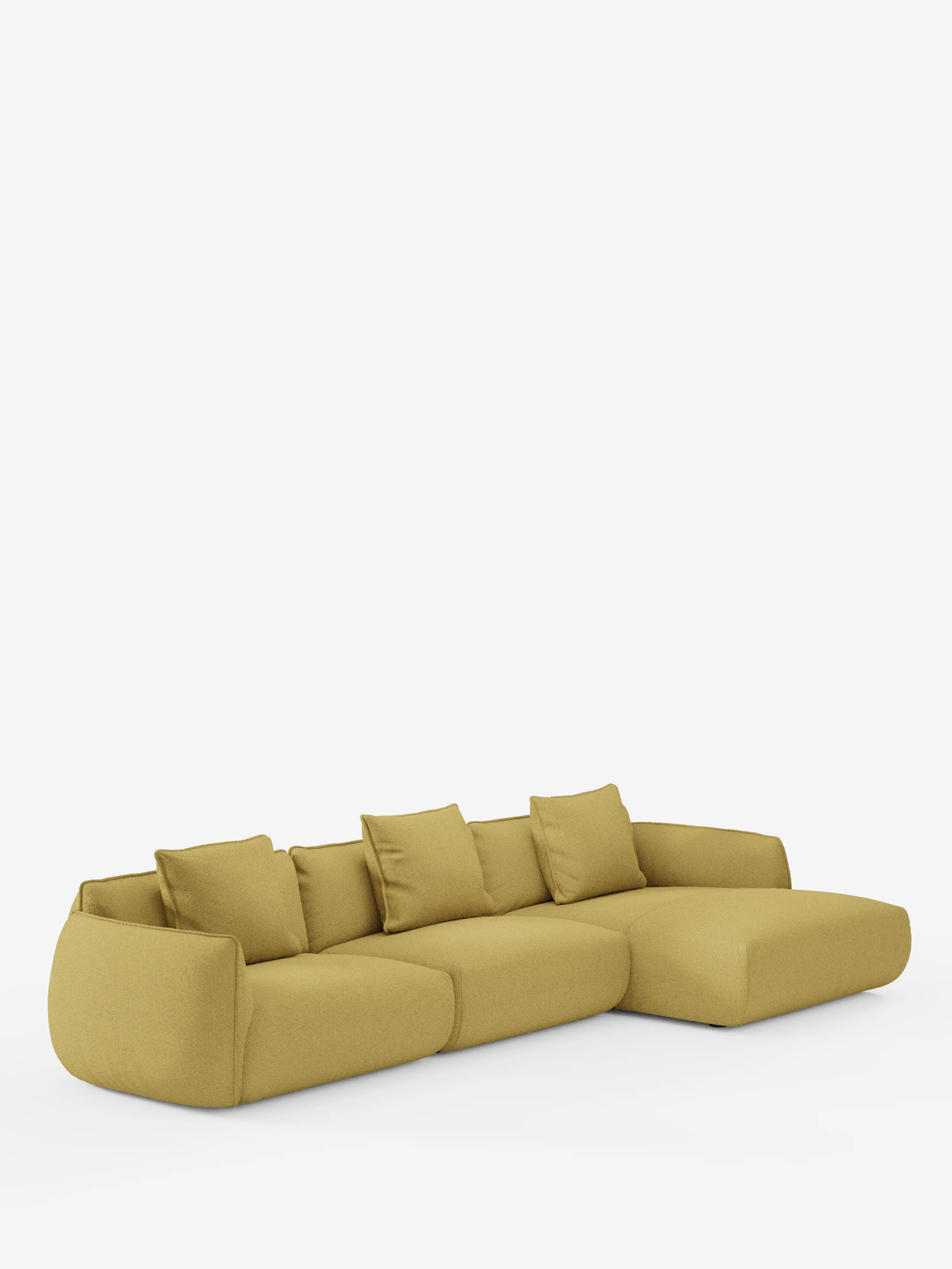 Il divano angolare con penisola componibile Nimbus di Divani.Store è un divano componibile in stile contemporaneo color giallo senape, realizzato in morbido tessuto T33 effetto cotone, resistente alle macchie. È caratterizzato da cuscini ampi e bassi, cinque cuscini quadrati coordinati e una chaise longue allungata sul lato destro. Questo design lussuoso dai bordi arrotondati risalta sullo sfondo bianco a tinta unita.