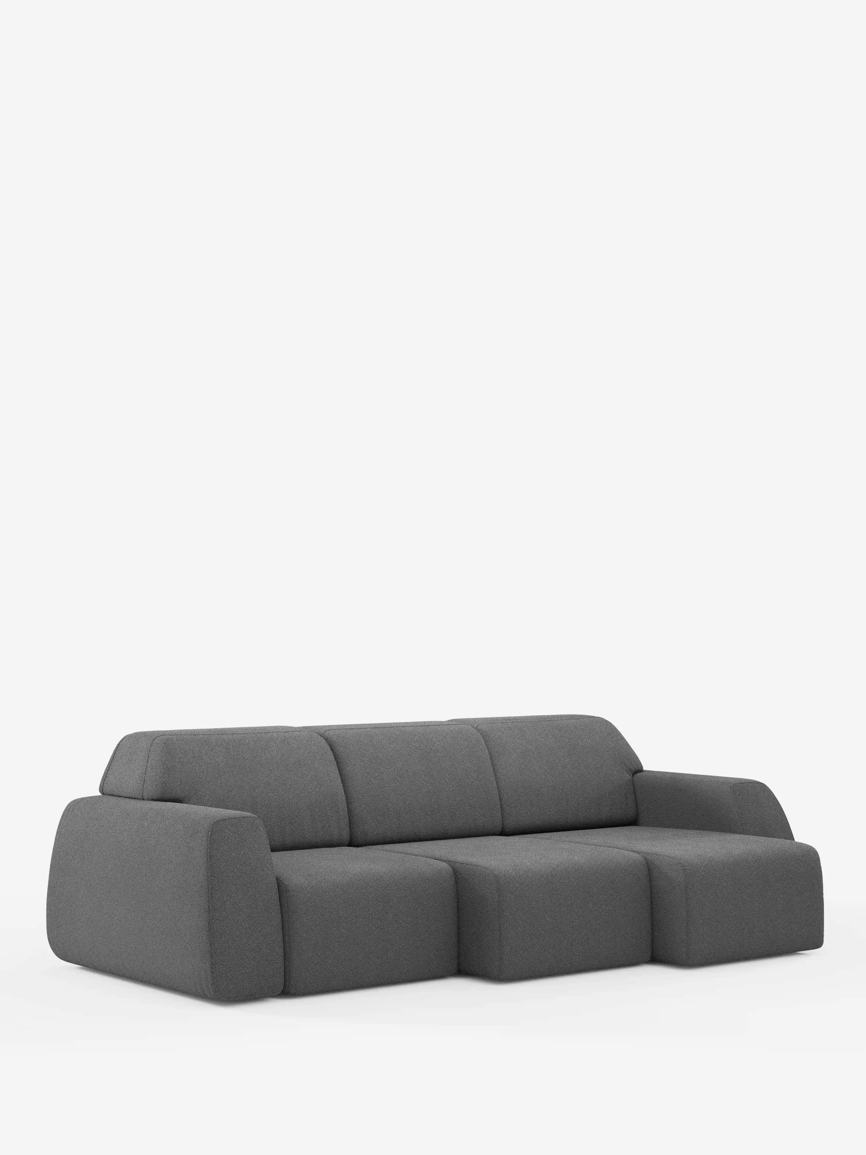 Un moderno divano Orbit grigio scuro con 3 sedute scorrevoli e allungabili in tessuto effetto cotone antimacchia T33 di Divani.Store, caratterizzato da bordi arrotondati e cuscini morbidi, è posto su uno sfondo bianco a tinta unita. Questo divano sfoderabile a 4 posti offre tre sedute scorrevoli ed estensibili con una chaise longue integrata sul lato destro, garantendo stile e comfort pratico per qualsiasi ambiente contemporaneo.