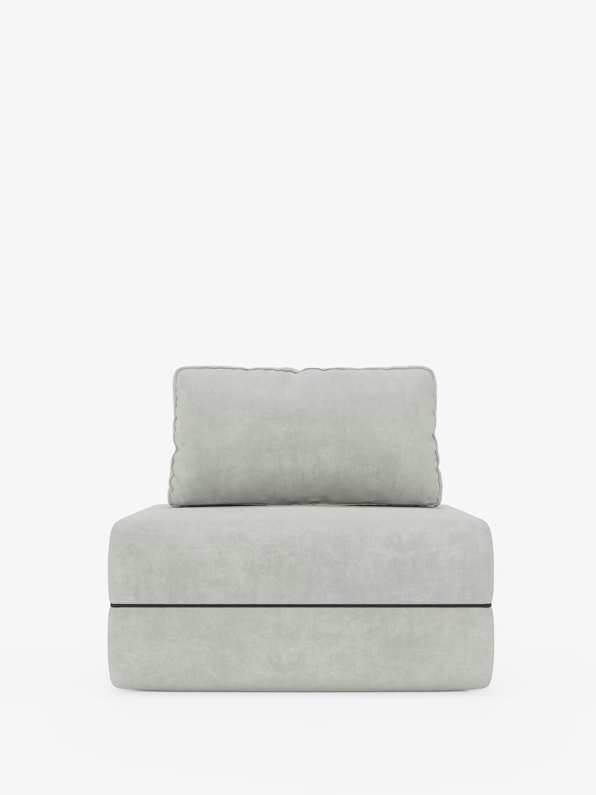 Una poltrona letto Rift di colore grigio chiaro, senza braccioli, con materasso alto 24 cm e memory foam di Divani.Store, caratterizzata da un cuscino di seduta spesso e morbido e da un ampio cuscino rettangolare abbinato per lo schienale in tessuto T31 smacchiabile, con schienale mobile, è raffigurata su uno sfondo bianco a tinta unita. Questa poltrona moderna e minimalista funge da elegante e versatile poltrona letto trasformabile, perfetta per qualsiasi ambiente abitativo contemporaneo.