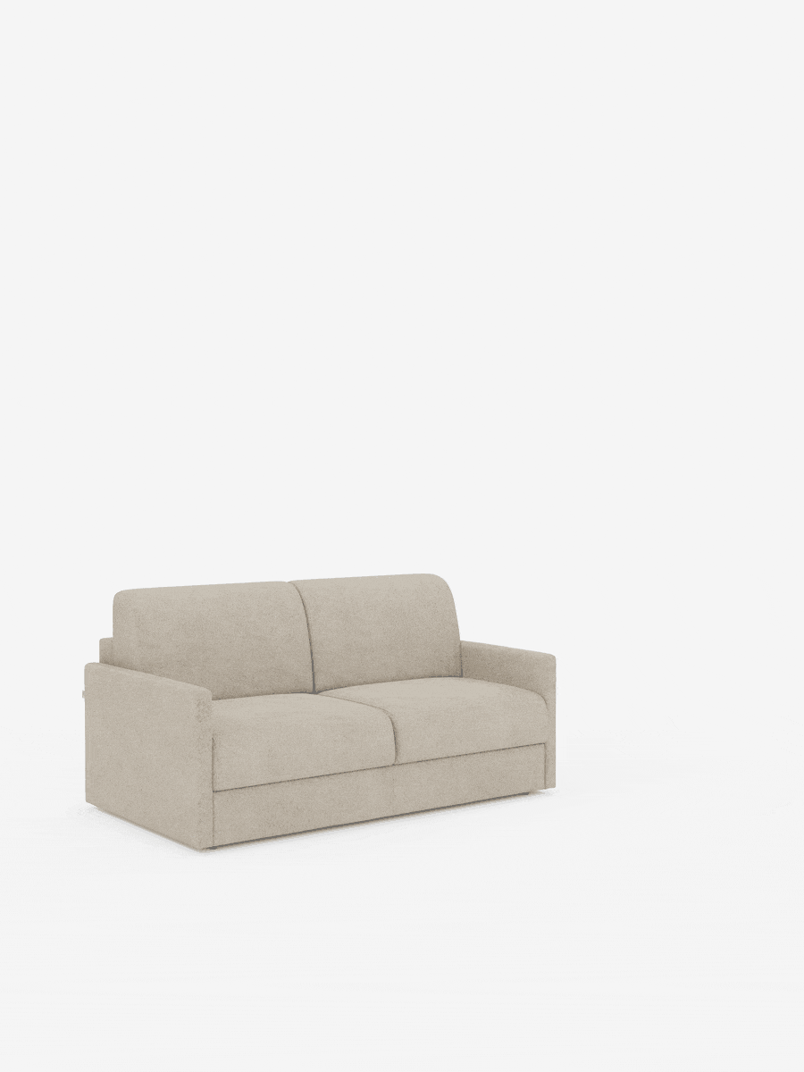 Immagine animata del divano letto Tommy Divano a 2 e 3 posti matrimoniale di Divani.Store, realizzato in tessuto T33 beige simile al cotone e facile da pulire, che si trasforma agevolmente da divano compatto con braccioli sottili a letto e viceversa. Lo sfondo bianco a tinta unita mette in risalto il suo design moderno e il meccanismo di apertura del divano letto.