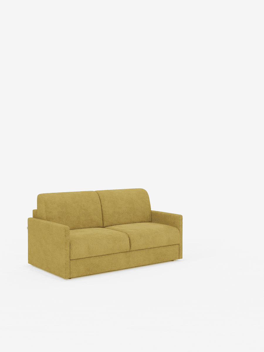 Il divano letto Tommy Divano a 2 e 3 posti matrimoniale di colore giallo, disponibile su Divani.Store, completamente sfoderabile e rivestito in tessuto T33 simile al cotone e resistente alle macchie, si caratterizza per le linee semplici e i braccioli bassi e slanciati. Su uno sfondo bianco a tinta unita, questo comodo divano letto presenta cuscini di seduta e schienale spessi con una finitura morbida e testurizzata.