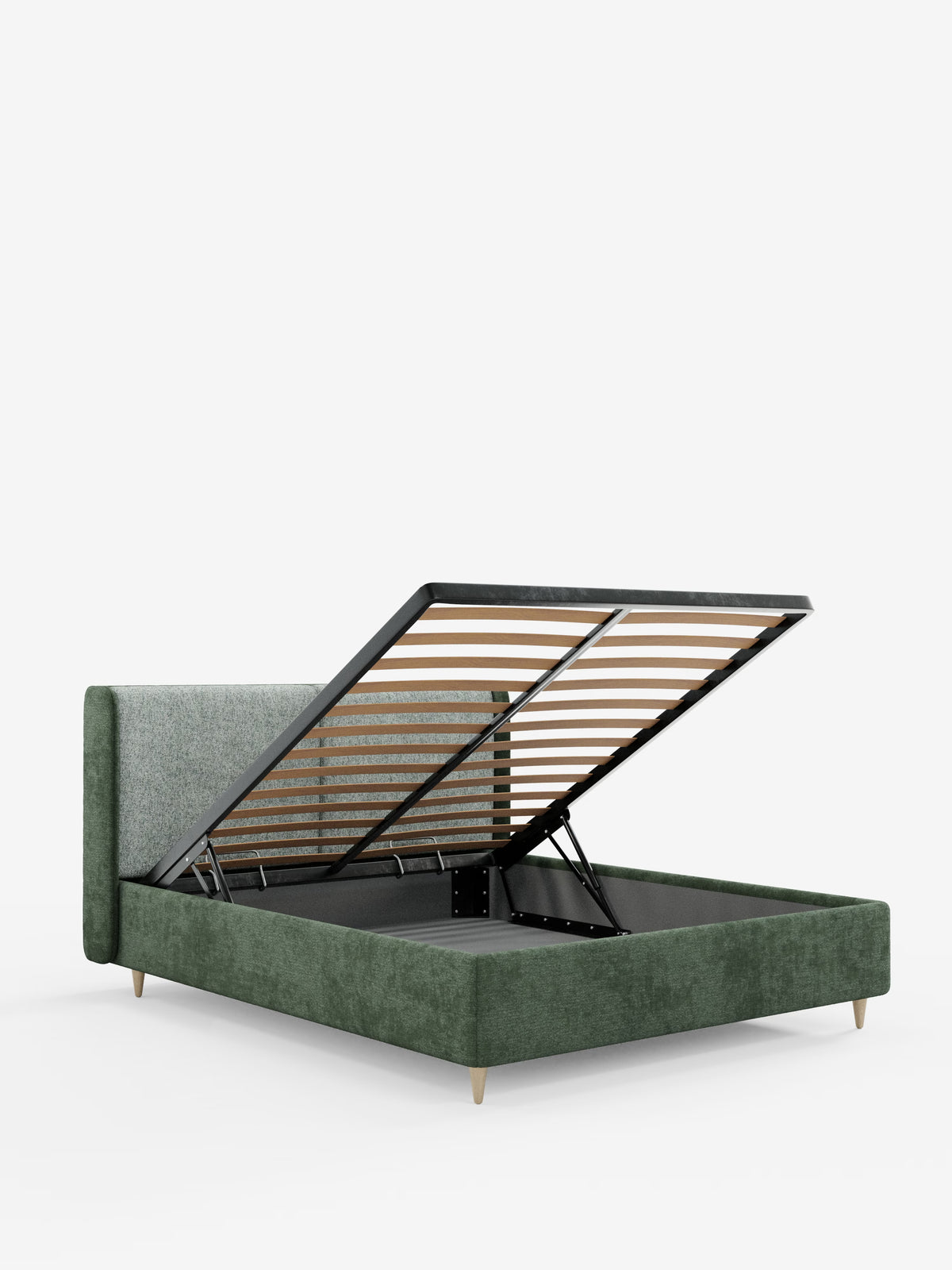 Il letto imbottito bicolore VALKIRIA con contenitore di Letti.store è qui presentato in velluto verde con una testiera imbottita curva e avvolgente di colore grigio. La sua base a doghe si solleva per rivelare l’ampio vano contenitore sottostante. Caratterizzato da gambe corte e angolate in legno, questo moderno letto bicolore risalta su uno sfondo bianco a tinta unita.