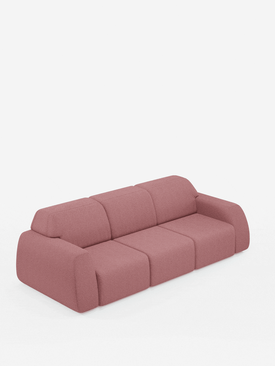 Il divano Orbit con 3 sedute scorrevoli e allungabili in tessuto effetto cotone smacchiabile T33 di Divani.Store è presentato mentre si trasforma con fluidità in diverse configurazioni — tra cui un divano a 4 posti, un divano componibile, una chaise longue e sedute singole — il tutto su uno sfondo bianco a tinta unita. Questo divano modulare rosa presenta un design contemporaneo dalle forme arrotondate con bordi morbidi, senza gambe a vista, ed è completamente sfoderabile per una facile pulizia.