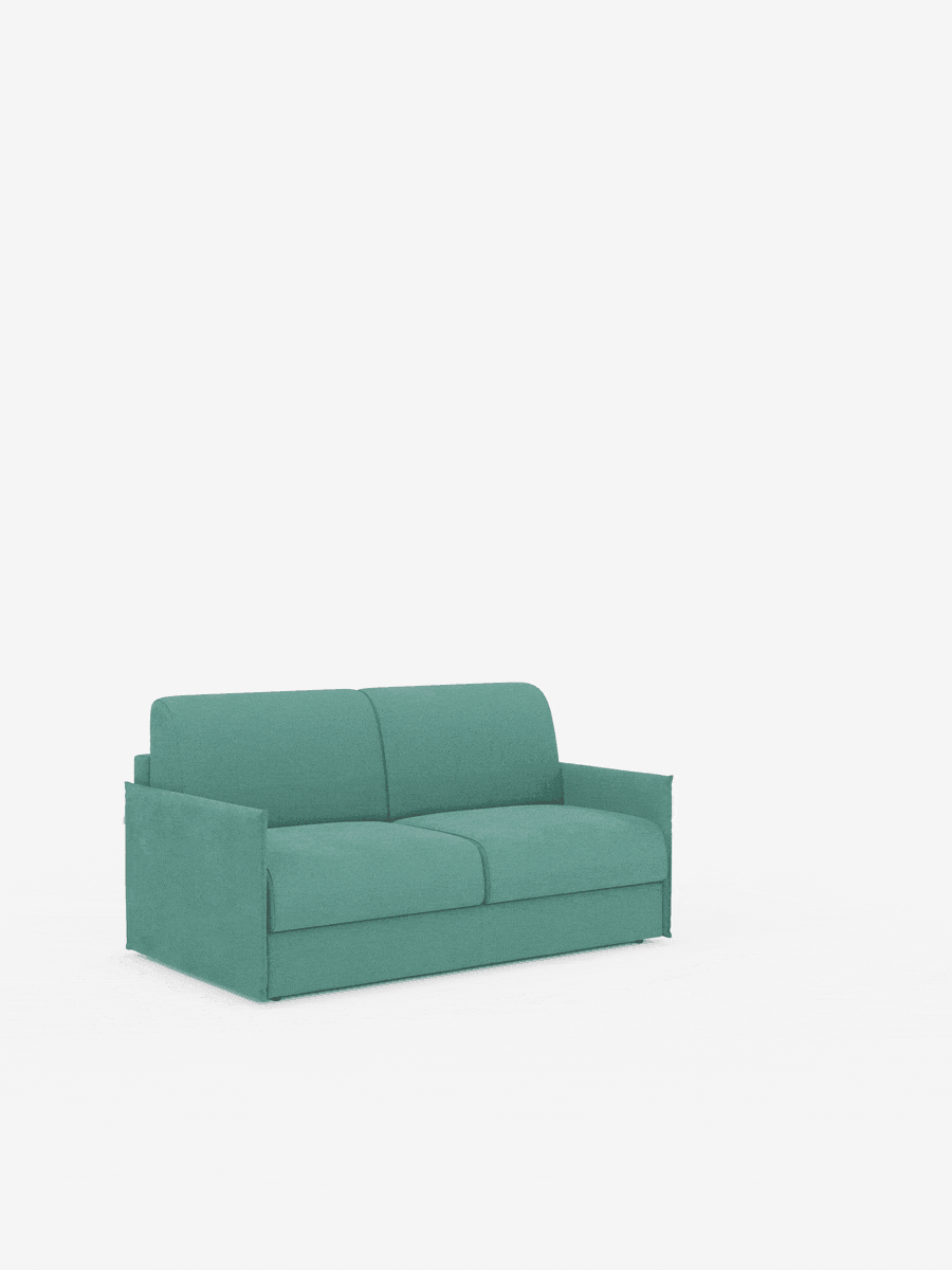 Un divano letto matrimoniale sfoderabile Evans color verde acqua di Divani.Store, caratterizzato da un design compatto e da un pratico vano porta guanciali in tessuto T23 smacchiabile, è posizionato al centro di uno sfondo bianco. L’animazione mostra come questo divano salvaspazio si trasformi agevolmente in un letto matrimoniale estraendo la base e appiattendo lo schienale con il materasso matrimoniale in dotazione, per poi tornare facilmente alla sua forma originale di divano.
