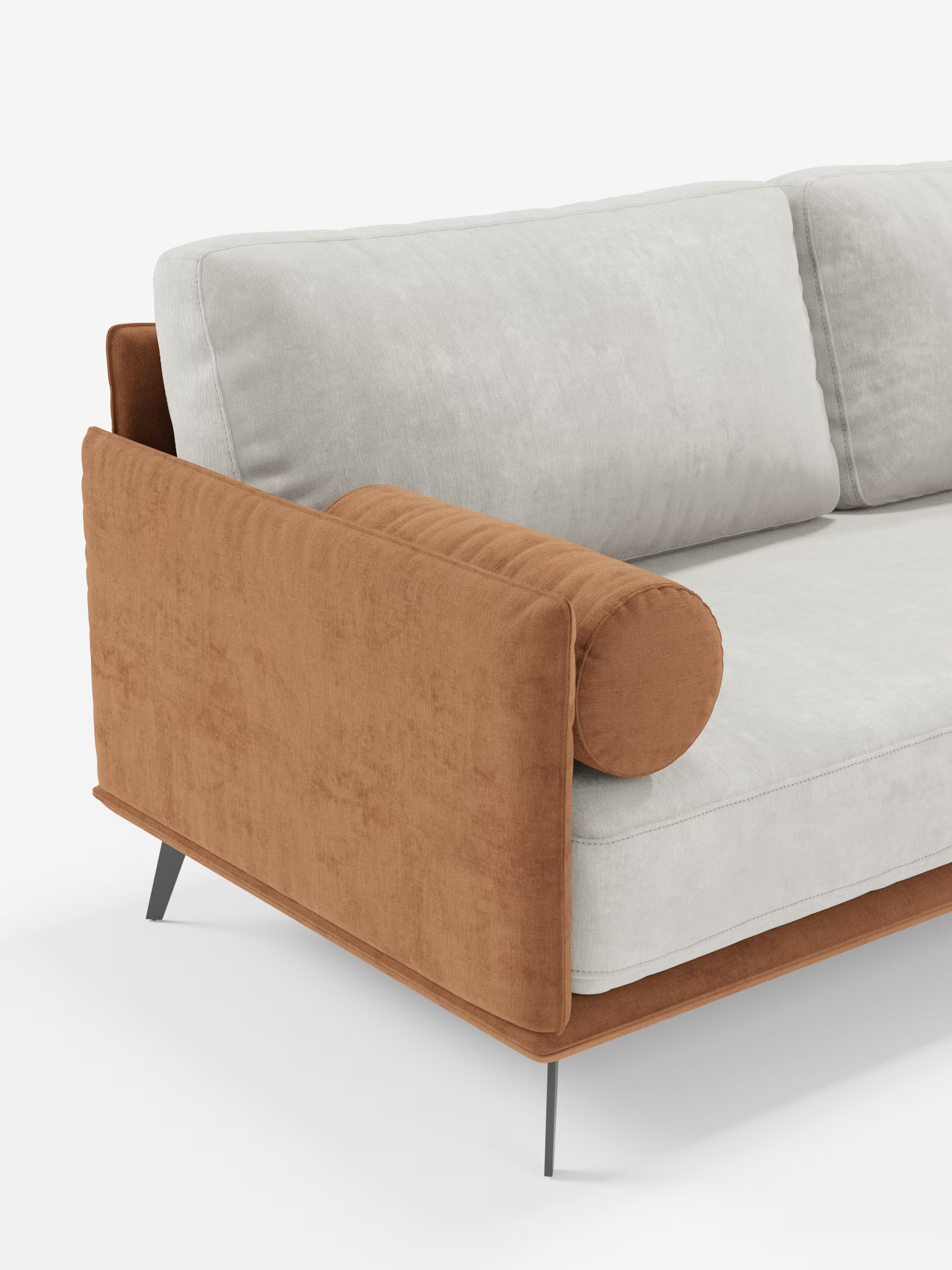 Basalto canapé d'angle bicolore avec méridienne et base en métal - dossiers en plumes et tissu détachable T31