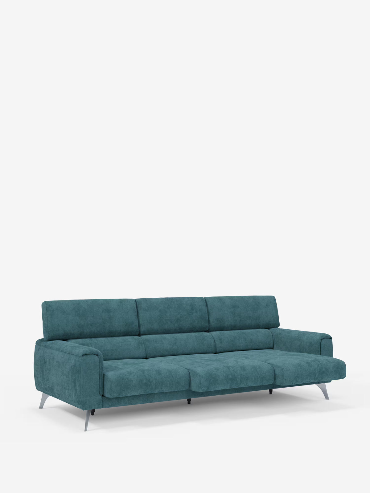 Il divano Caravaggio a 4 posti con tre sedute scorrevoli di Divani.Store è un moderno divano blu verde acqua dalle linee pulite, con braccioli angolati e tre cuscini di seduta scorrevoli per un comfort personalizzabile. È dotato di gambe sottili in metallo, poggiatesta reclinabili ed è rivestito in tessuto T31 facile da pulire, presentato su uno sfondo bianco a tinta unita con un design minimalista e discreto.