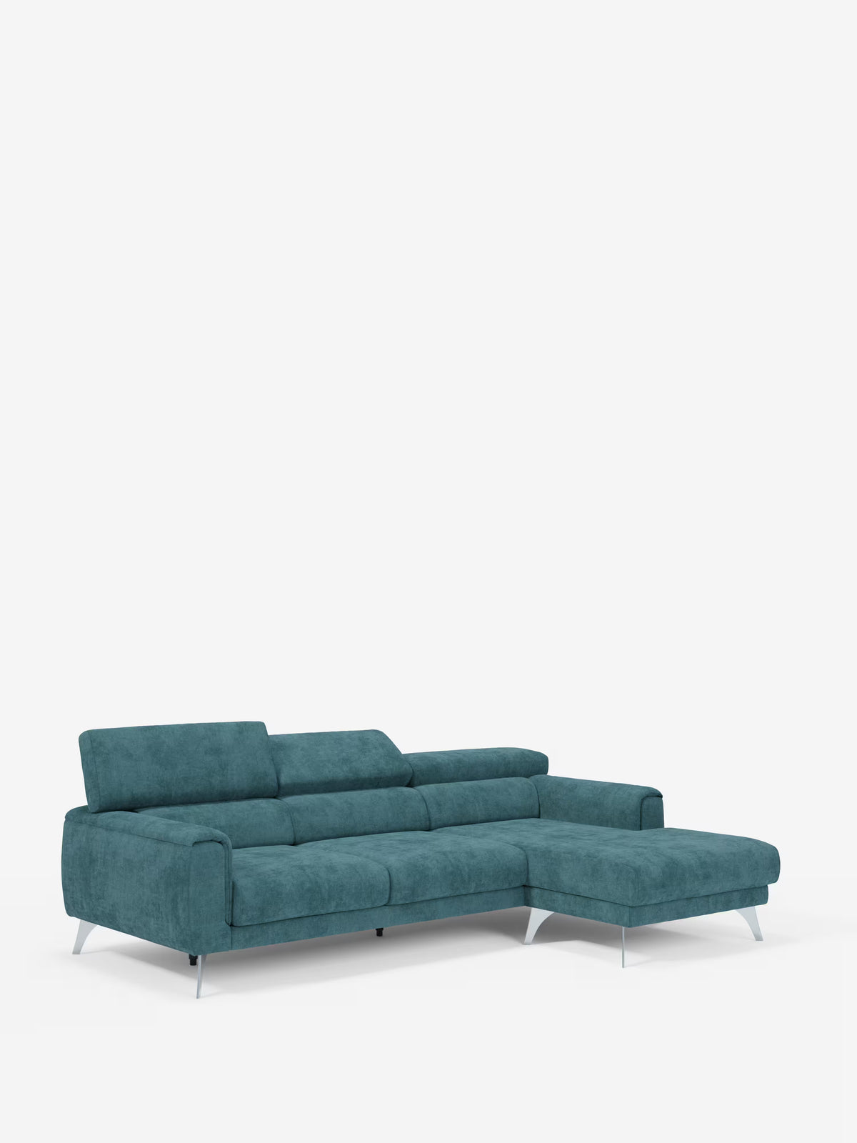 Il divano angolare Caravaggio con penisola e sedute scorrevoli in tessuto smacchiabile T31 di Divani.Store, rivestito in tessuto color verde acqua e dotato di chaise longue sul lato destro, poggiatesta regolabili, linee pulite, sedute imbottite e gambe angolate color argento, è esposto su uno sfondo bianco a tinta unita.