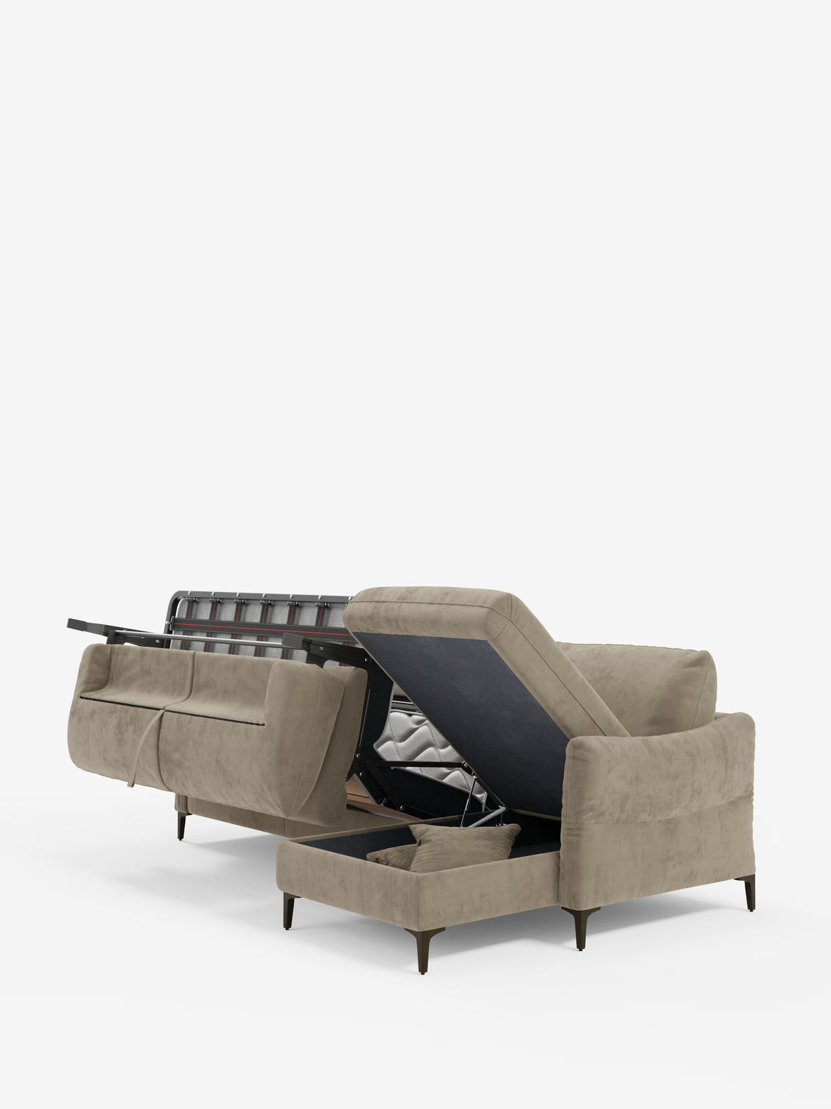 Dalia canapé-lit avec méridienne coffre de rangement et matelas de 18 cm de hauteur - pieds hauts et tissu anti-taches T30