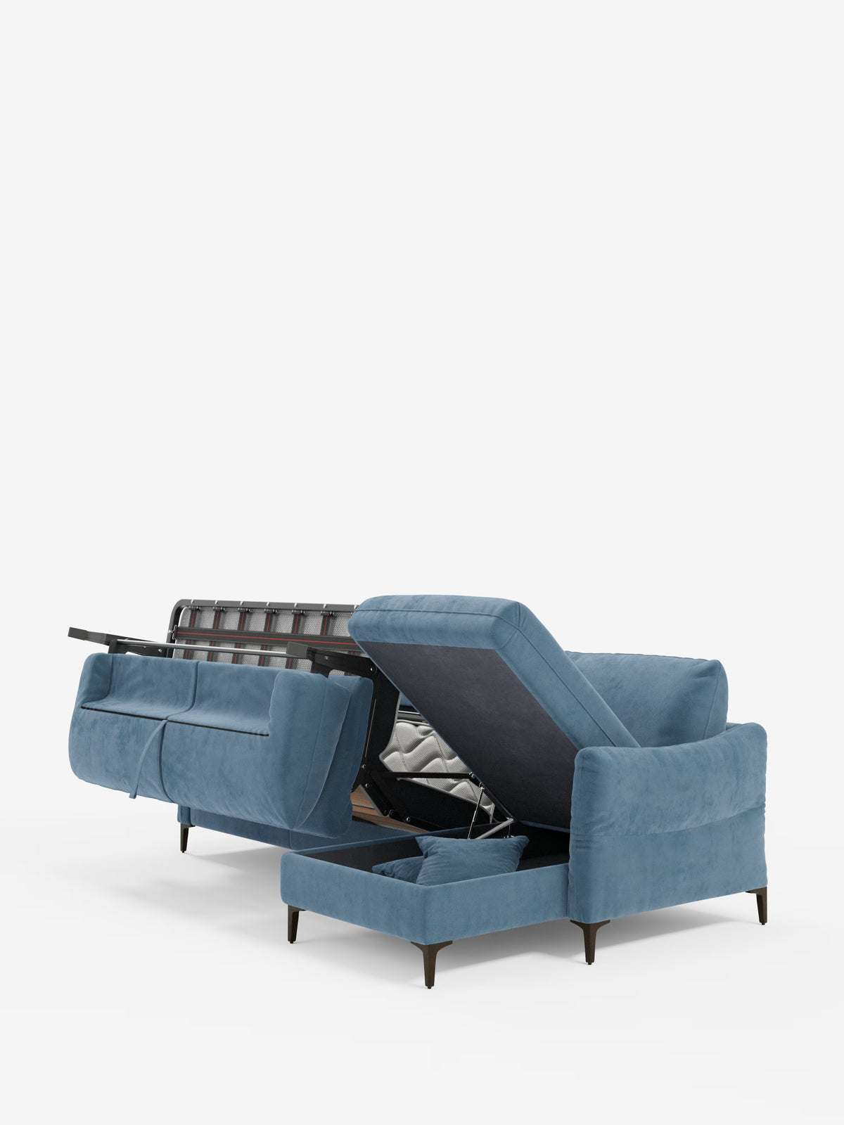 Dalia canapé-lit avec méridienne coffre de rangement et matelas de 18 cm de hauteur - pieds hauts et tissu anti-taches T30