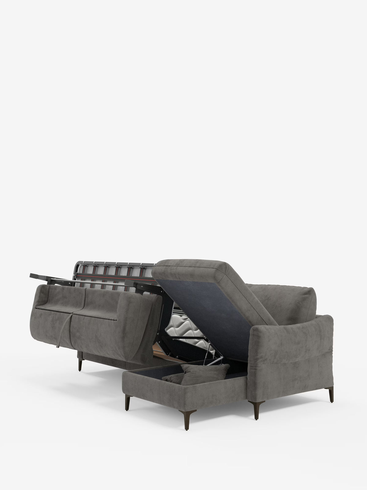 Dalia canapé-lit avec méridienne coffre de rangement et matelas de 18 cm de hauteur - pieds hauts et tissu anti-taches T30