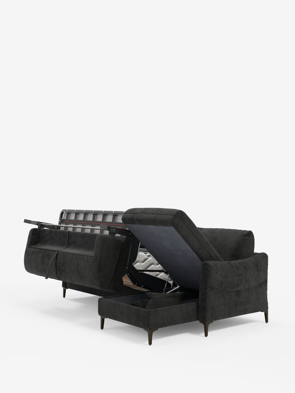 Dalia canapé-lit avec méridienne coffre de rangement et matelas de 18 cm de hauteur - pieds hauts et tissu anti-taches T30