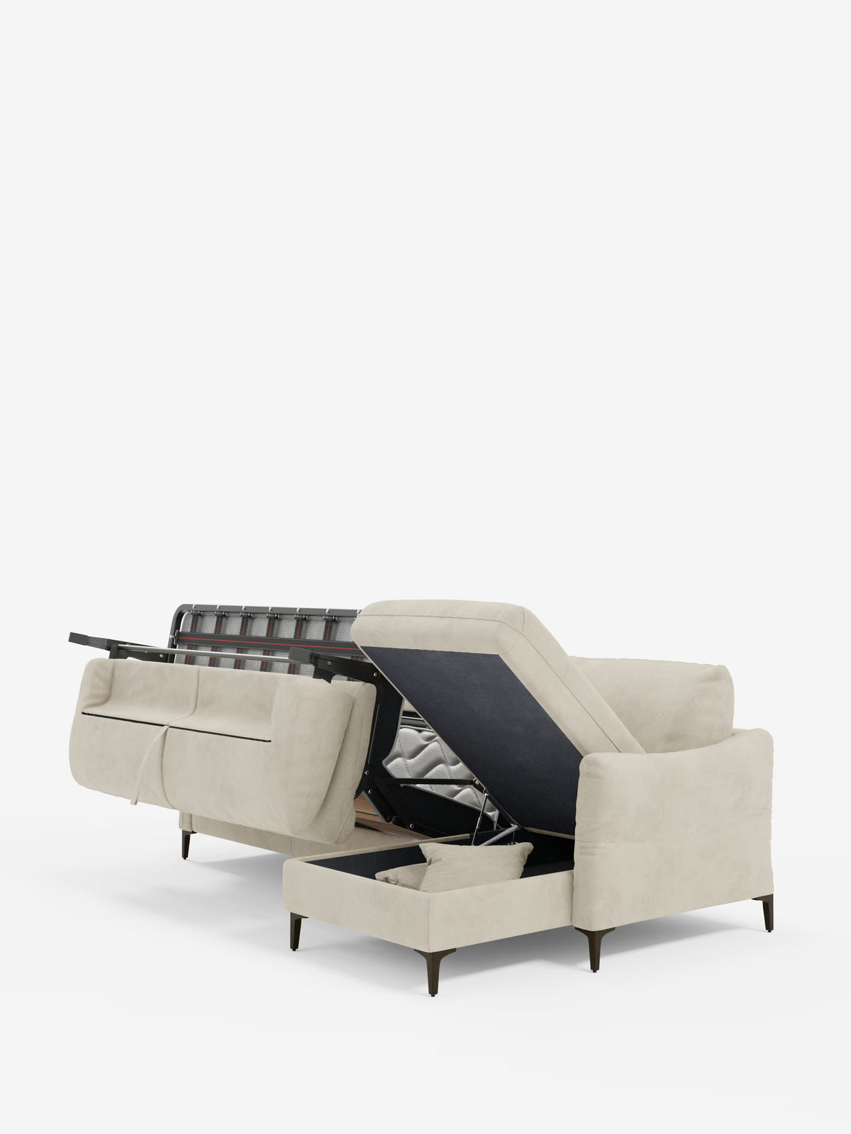Dalia canapé-lit avec méridienne coffre de rangement et matelas de 18 cm de hauteur - pieds hauts et tissu anti-taches T30