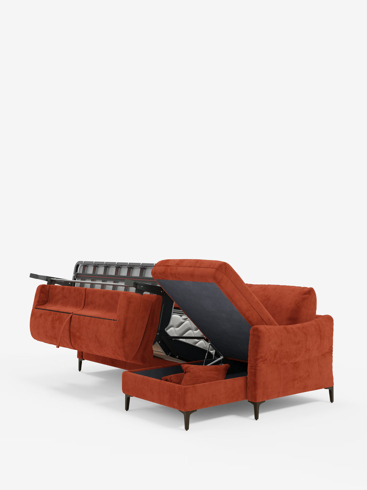 Dalia canapé-lit avec méridienne coffre de rangement et matelas de 18 cm de hauteur - pieds hauts et tissu anti-taches T30