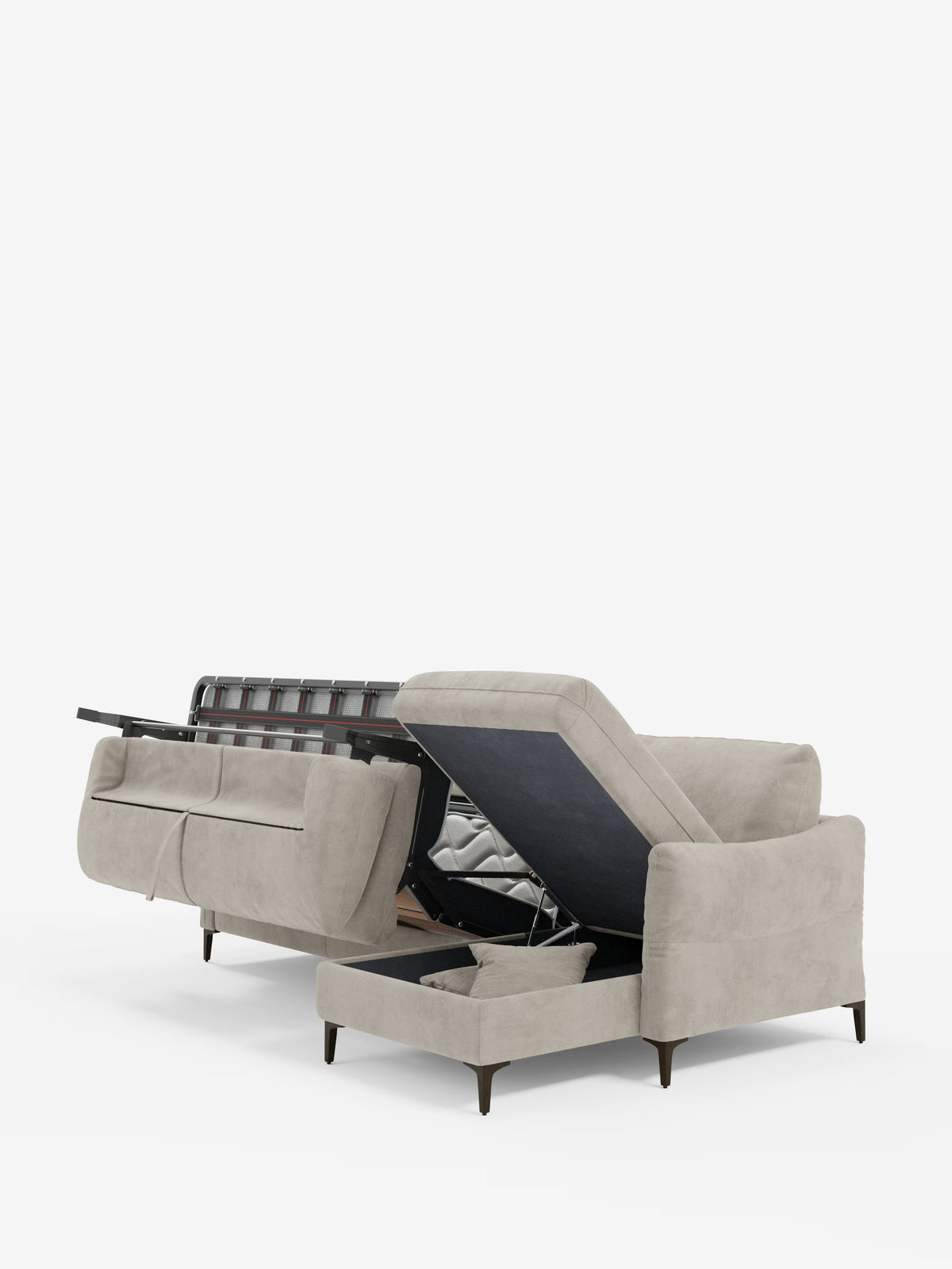 Dalia canapé-lit avec méridienne coffre de rangement et matelas de 18 cm de hauteur - pieds hauts et tissu anti-taches T30