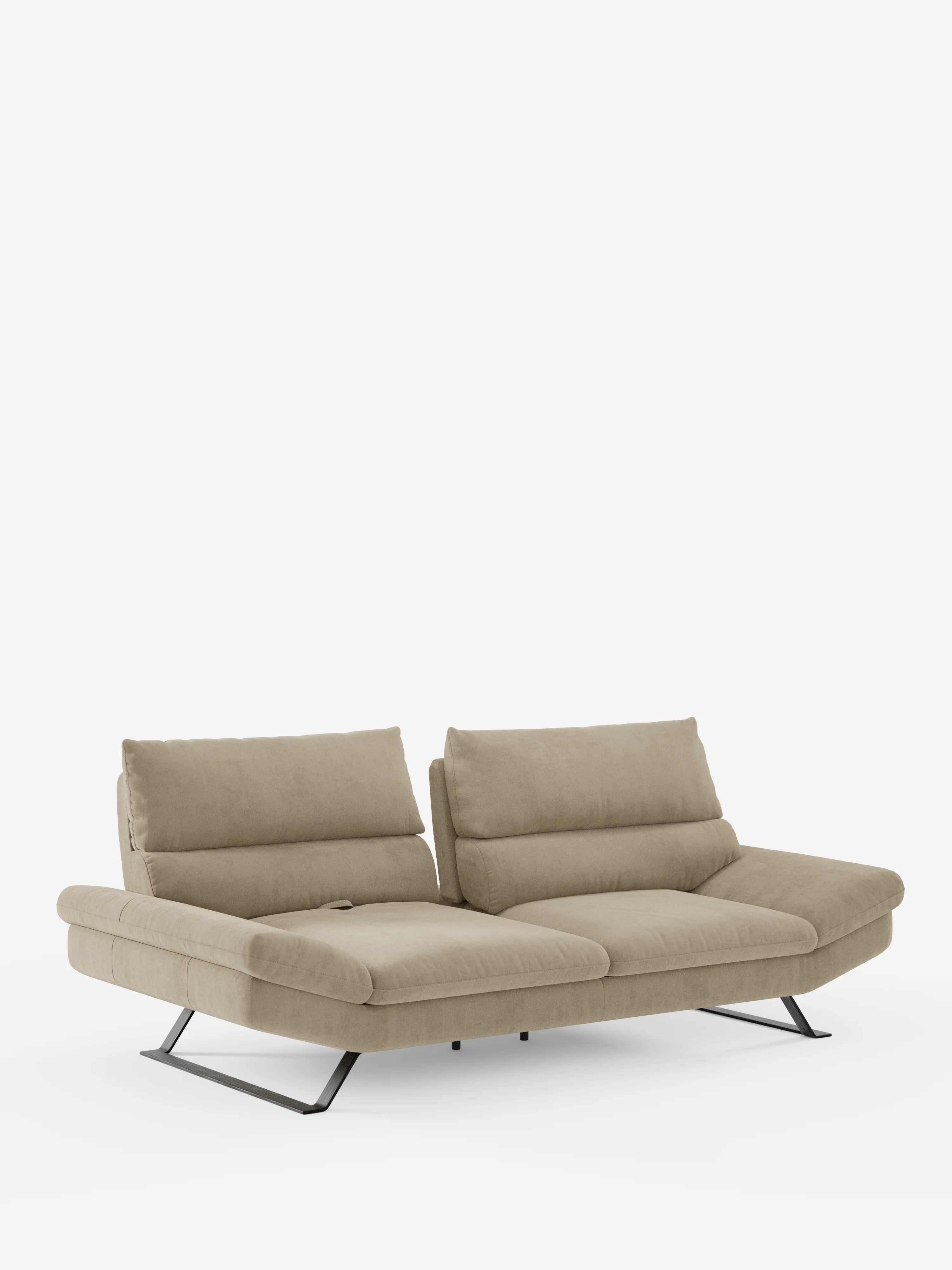 Vi presentiamo il divano Eclipse dal design moderno di Divani.Store: un divano contemporaneo color beige disponibile nella versione a 2 o 3 posti, caratterizzato da schienali traslanti regolabili, morbidi cuscini e eleganti piedini alti con finitura in titanio. Realizzato in elegante microfibra T11 resistente alle macchie, con linee minimaliste e bordi morbidi e arrotondati, è messo in risalto su uno sfondo bianco a tinta unita.