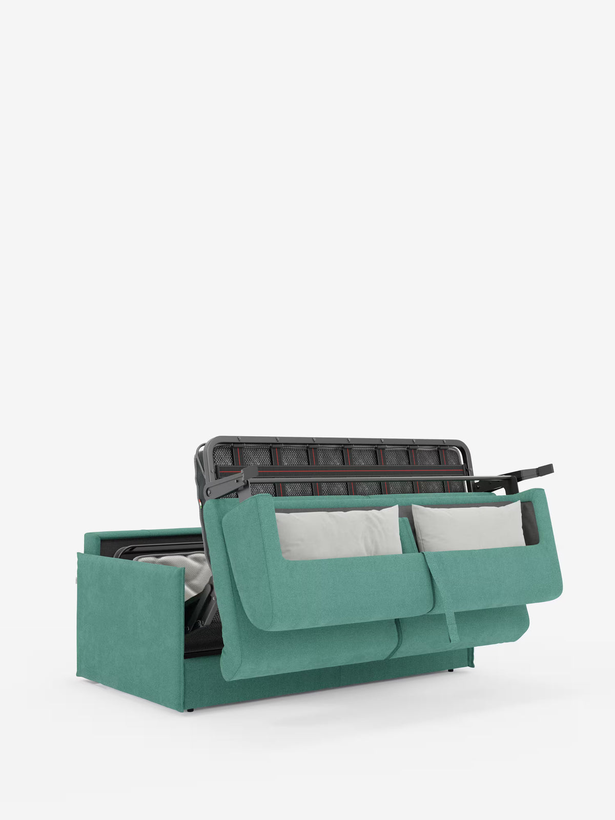 Un divano letto matrimoniale sfoderabile Evans color verde acqua di Divani.Store, caratterizzato da un design compatto in tessuto T23 antimacchia e da un vano porta-cuscini integrato, è raffigurato con la struttura parzialmente aperta per mostrare il meccanismo del letto in metallo nero e due cuscini grigio chiaro appoggiati allo schienale, su uno sfondo bianco a tinta unita.
