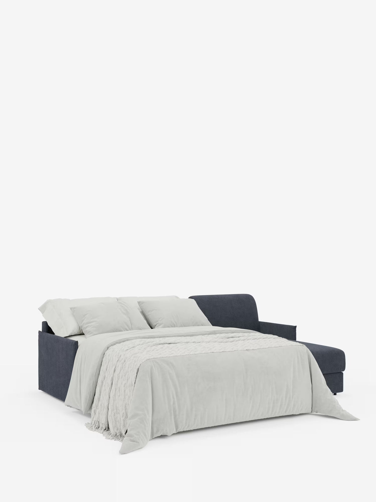 Il divano letto angolare con penisola contenitore Evans di Divani.Store è un moderno divano letto angolare grigio scuro con chaise longue, trasformabile in letto e arredato con gusto con biancheria da letto grigio chiaro, tre cuscini e un plaid testurizzato. Il tutto è presentato su uno sfondo bianco a tinta unita, che mette in risalto il suo design compatto realizzato in tessuto T23 di facile pulizia.