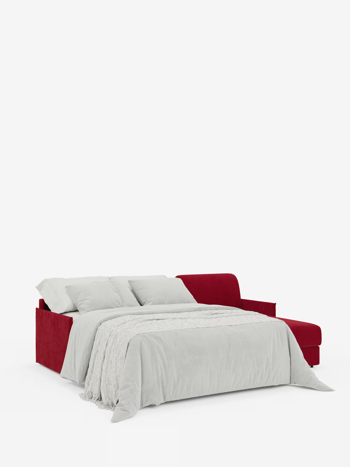 Un divano letto angolare con penisola contenitore Evans di Divani.Store, in stile contemporaneo e rivestito in rosso intenso, è raffigurato completamente aperto come letto. È abbinato a un piumone grigio chiaro, due grandi cuscini e una morbida coperta grigia dalla trama ruvida drappeggiata sul lato, il tutto su uno sfondo bianco a tinta unita. Questo modello compatto è realizzato in tessuto T23, facile da pulire.