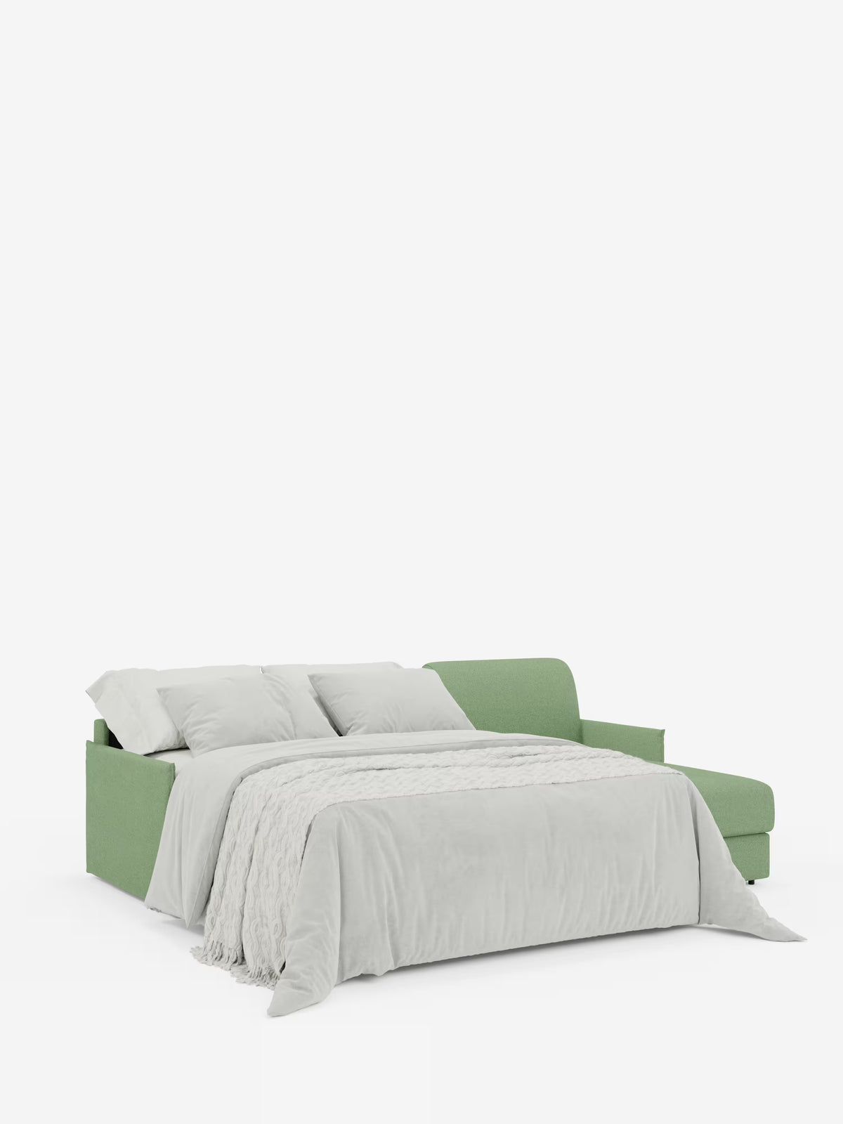 Il divano letto angolare con penisola contenitore Evans di Divani.Store, rivestito in tessuto T23 verde chiaro e resistente alle macchie e caratterizzato da linee compatte, si trasforma in un letto spazioso. È abbinato a una coperta grigio chiaro, due cuscini e un morbido plaid. Lo sfondo bianco a tinta unita fa sì che l’attenzione rimanga concentrata sul mobile.