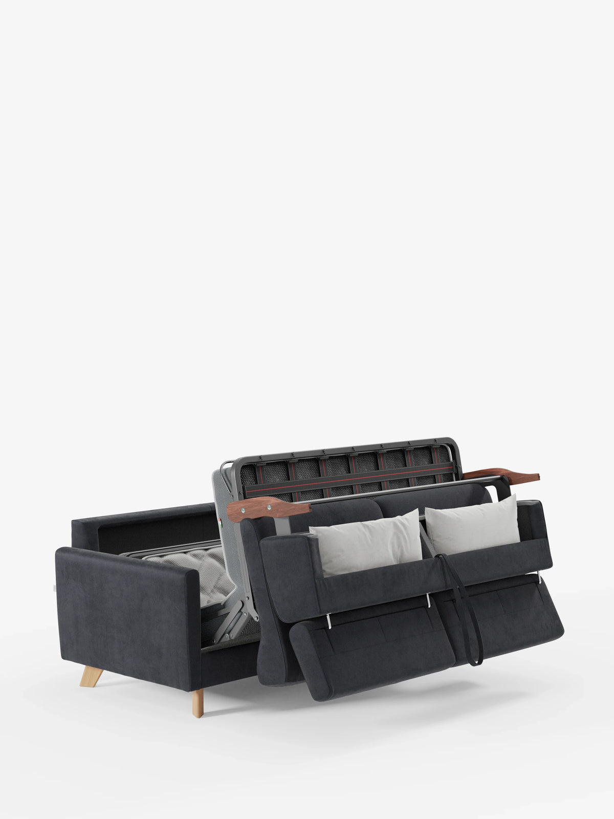 Un divano letto Francy grigio scuro con poggiatesta regolabili di Divani.Store, interamente rivestito in elegante tessuto T30 resistente alle macchie e dotato di gambe in legno chiaro, è parzialmente aperto per rivelare la struttura metallica del letto e il materasso. Due cuscini bianchi poggiano contro lo schienale di questo elegante divano a tre posti. Lo sfondo bianco a tinta unita mette in risalto il suo meccanismo di trasformazione.
