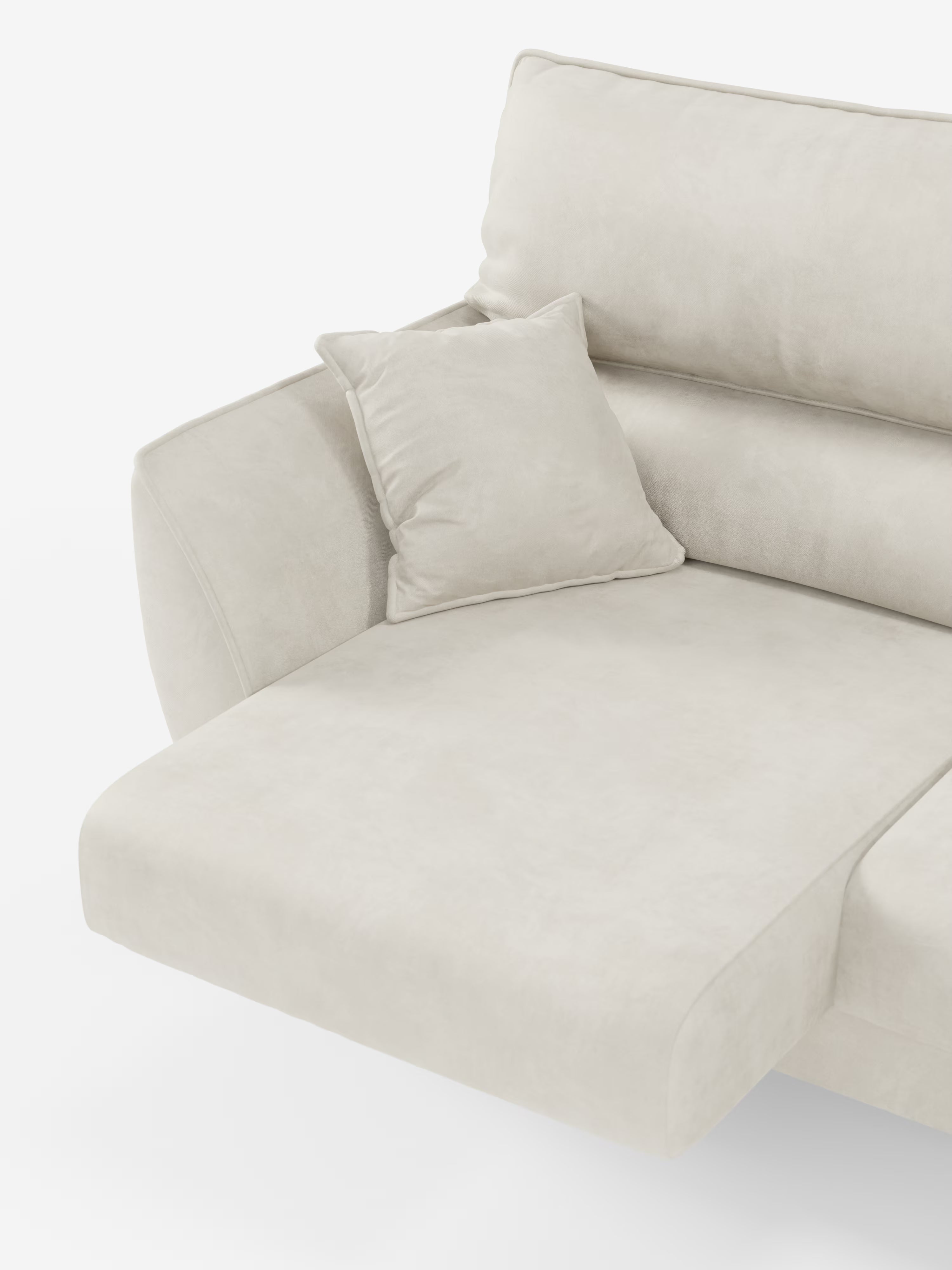 Un divano angolare contemporaneo “Michelangelo” con penisola e sedute estensibili di Divani.Store, rivestito in elegante tessuto T30 antimacchia con finitura vellutata. Il divano componibile è dotato di una chaise longue con cuscino quadrato coordinato, rivestimento morbido e liscio e poggiatesta regolabili. L’immagine è stata scattata su uno sfondo bianco, per mettere in risalto il design raffinato e il comfort versatile delle sue sedute estensibili.