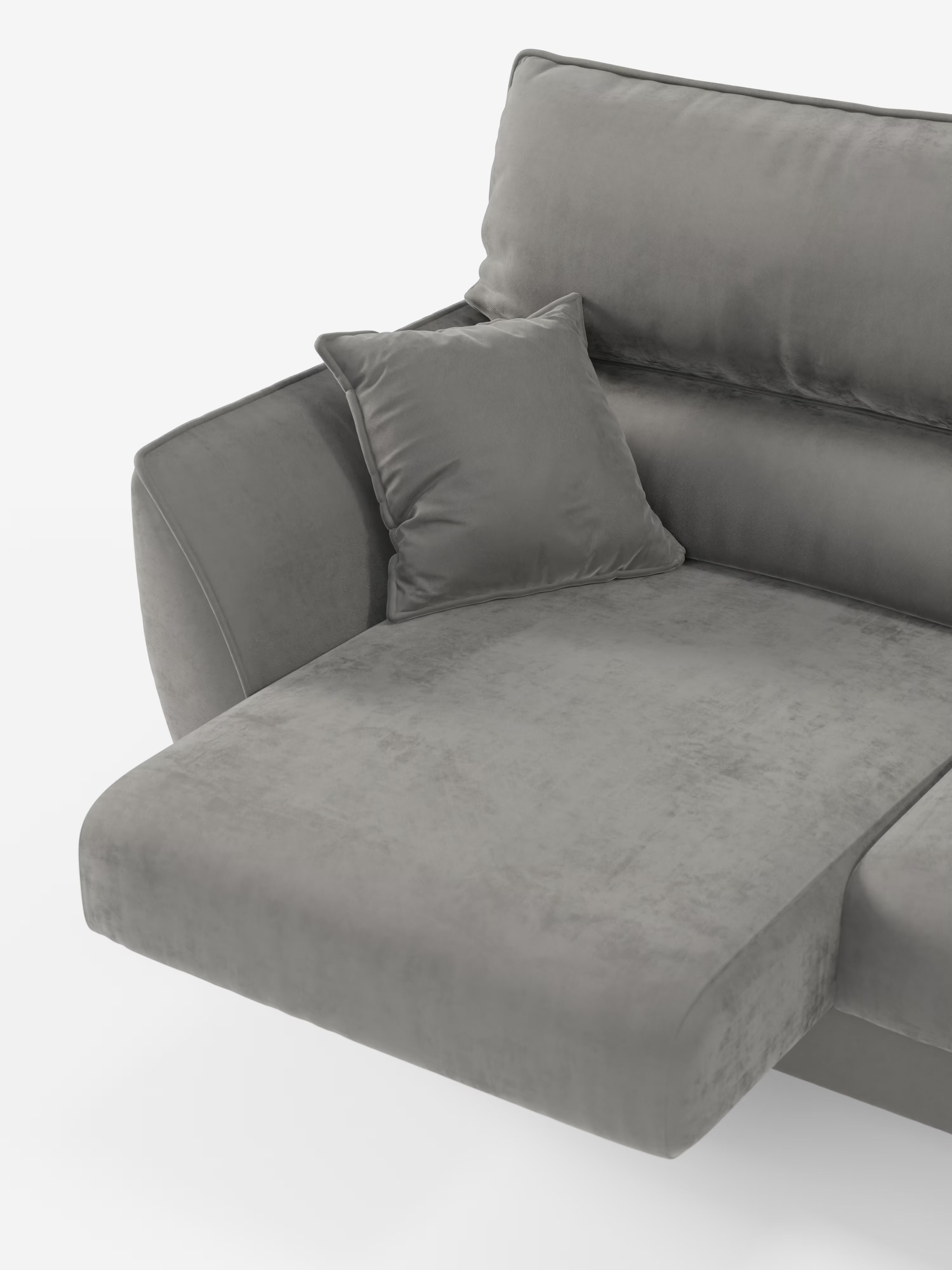 Il divano angolare Michelangelo con penisola e sedute estensibili di Divani.Store presenta un'elegante chaise longue sul lato sinistro ed è dotato di un cuscino grigio abbinato. Rivestito con un elegante tessuto T30 effetto velluto resistente alle macchie, questo moderno divano componibile si distingue per la morbida consistenza e il design raffinato che risaltano sullo sfondo bianco, rendendolo la scelta ideale per qualsiasi ambiente contemporaneo che cerchi stile e comfort.