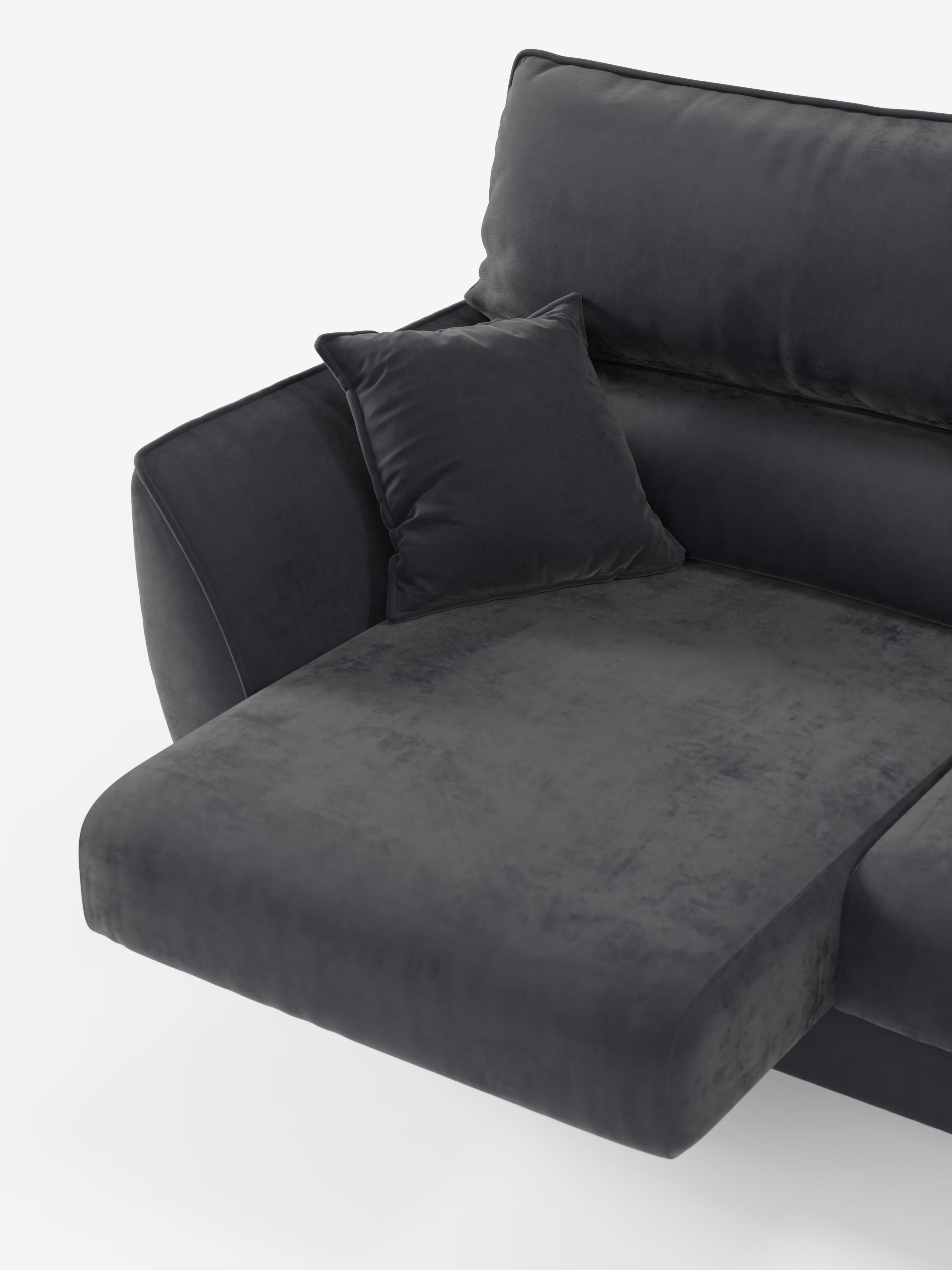 Un primo piano del divano angolare con penisola e sedute estensibili “Michelangelo” di Divani.Store, presentato in una moderna finitura grigio scuro. Il divano presenta una chaise longue sulla sinistra, un cuscino quadrato coordinato e un lussuoso rivestimento in tessuto raffinato smacchiabile effetto vellutino T30 con poggiatesta reclinabili. Su uno sfondo bianco a tinta unita, l'immagine ne mette in risalto la texture morbida e le linee pulite.