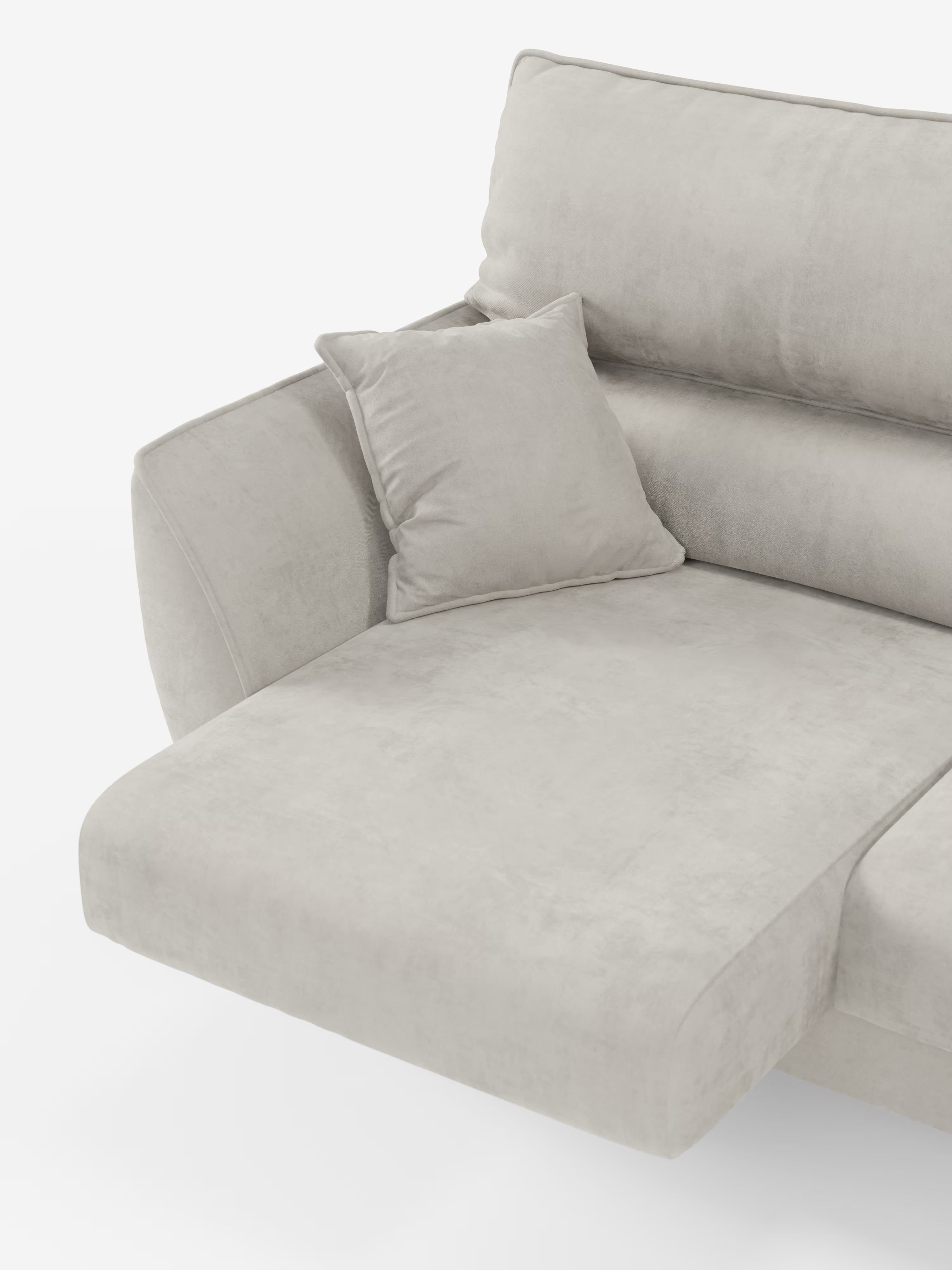 Il divano angolare con penisola e sedute estensibili Michelangelo di Divani.Store è caratterizzato da un'imbottitura morbida, un cuscino quadrato coordinato e un ampio bracciolo imbottito per un comfort ancora maggiore. Rivestito con l'elegante tessuto T30 smacchiabile effetto vellutino, questo divano componibile grigio chiaro offre sedute estensibili e poggiatesta regolabili, per un relax senza sforzo. Lo sfondo bianco uniforme mette in risalto il design raffinato del divano.