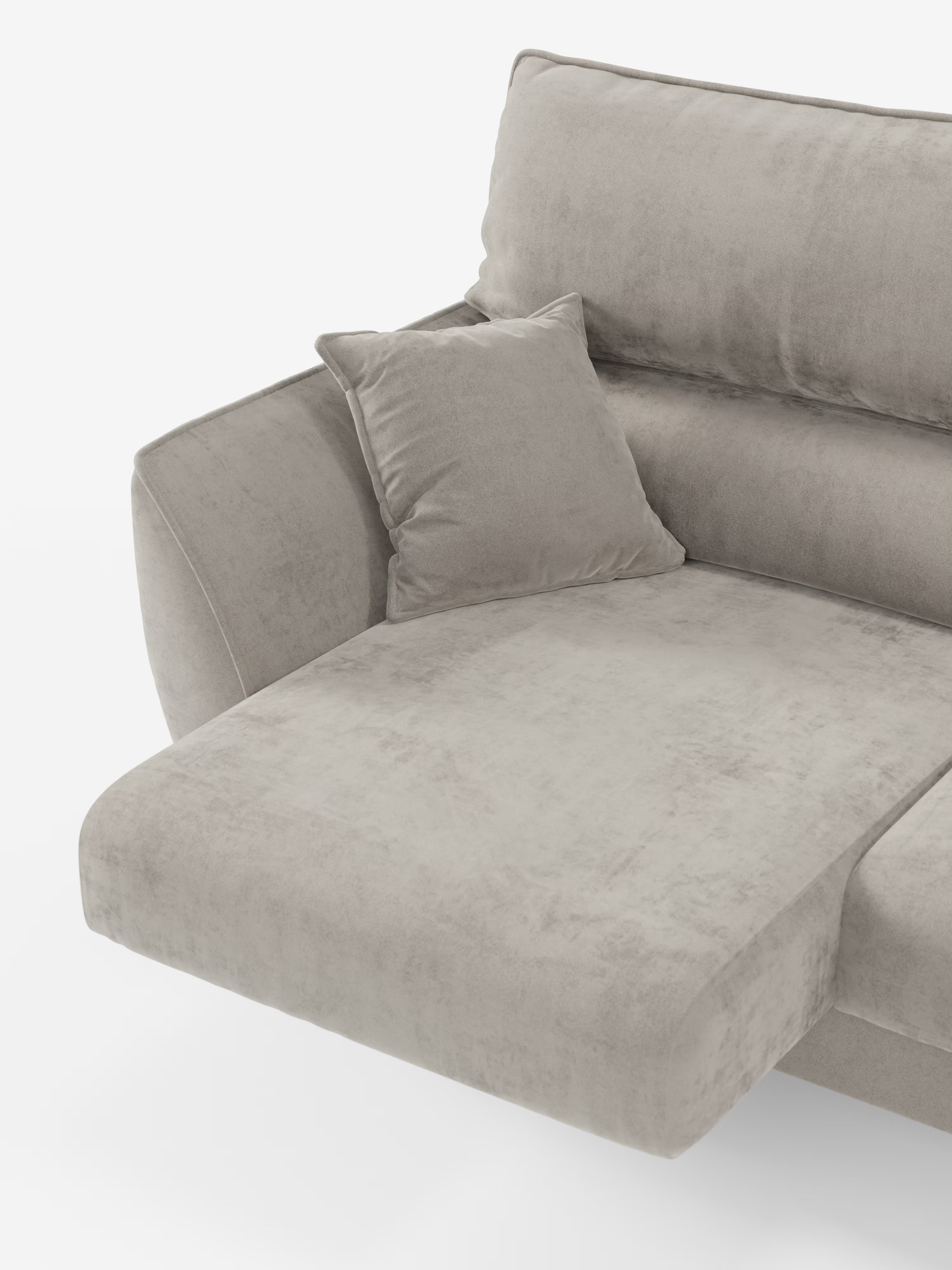 Il divano angolare Michelangelo con penisola e sedute estensibili di Divani.Store è presentato in una tonalità di grigio chiaro e presenta una chaise longue sul lato sinistro. Realizzato con un raffinato tessuto effetto velluto T30 resistente alle macchie, include un cuscino decorativo coordinato, poggiatesta reclinabili e cuscini di sostegno per lo schienale e i braccioli. Il divano è presentato su uno sfondo bianco a tinta unita.