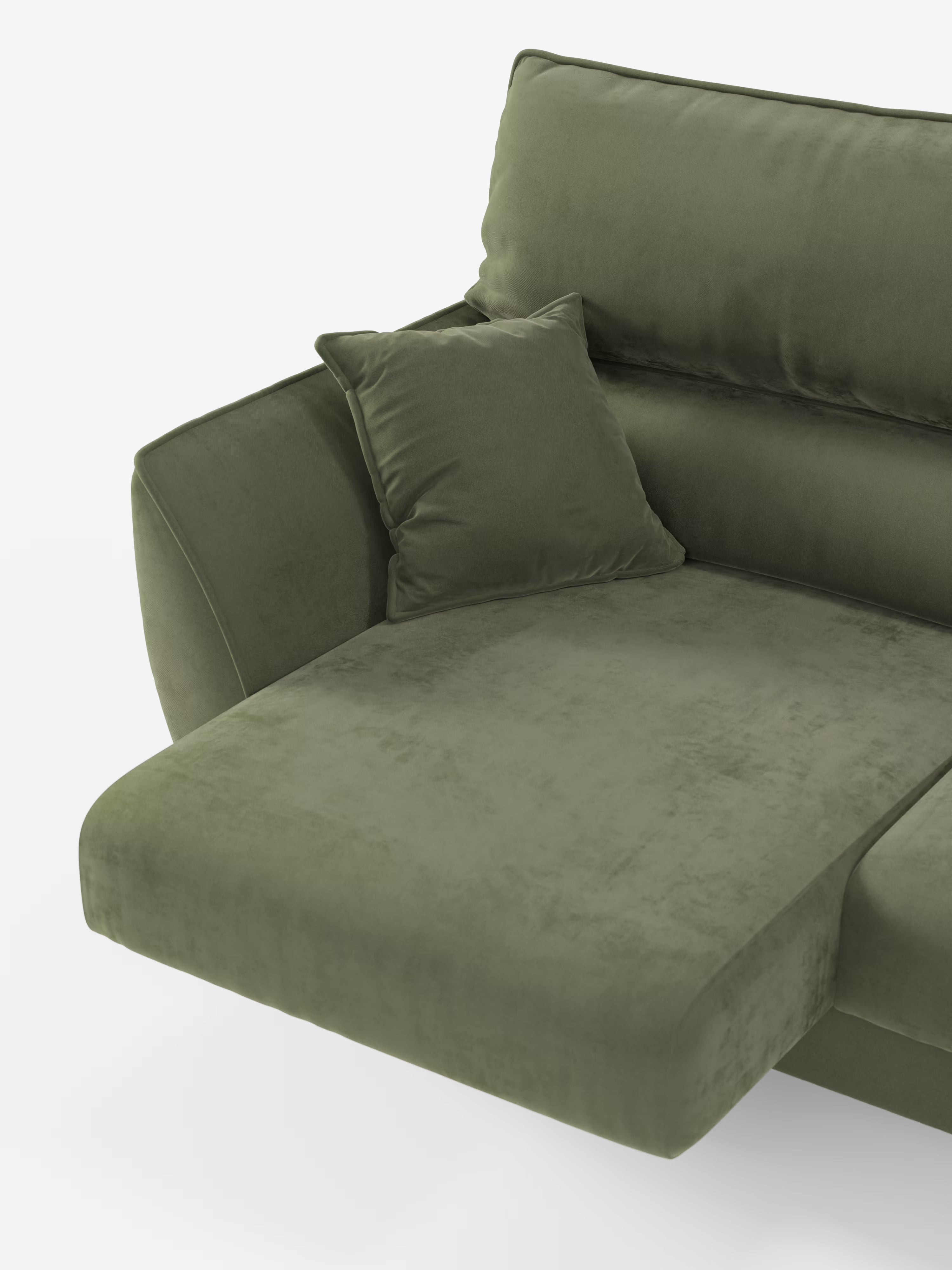 Il divano angolare con penisola e sedute estensibili Michelangelo di Divani.Store è rivestito con un raffinato tessuto in vellutino T30 verde oliva smacchiabile, dall’aspetto eccezionalmente morbido e soffice. Il divano componibile comprende una chaise longue a sinistra, poggiatesta reclinabili ed è dotato di un cuscino quadrato abbinato. Sullo sfondo bianco a tinta unita, il suo design moderno e minimalista e le sue linee pulite risaltano ancora di più.