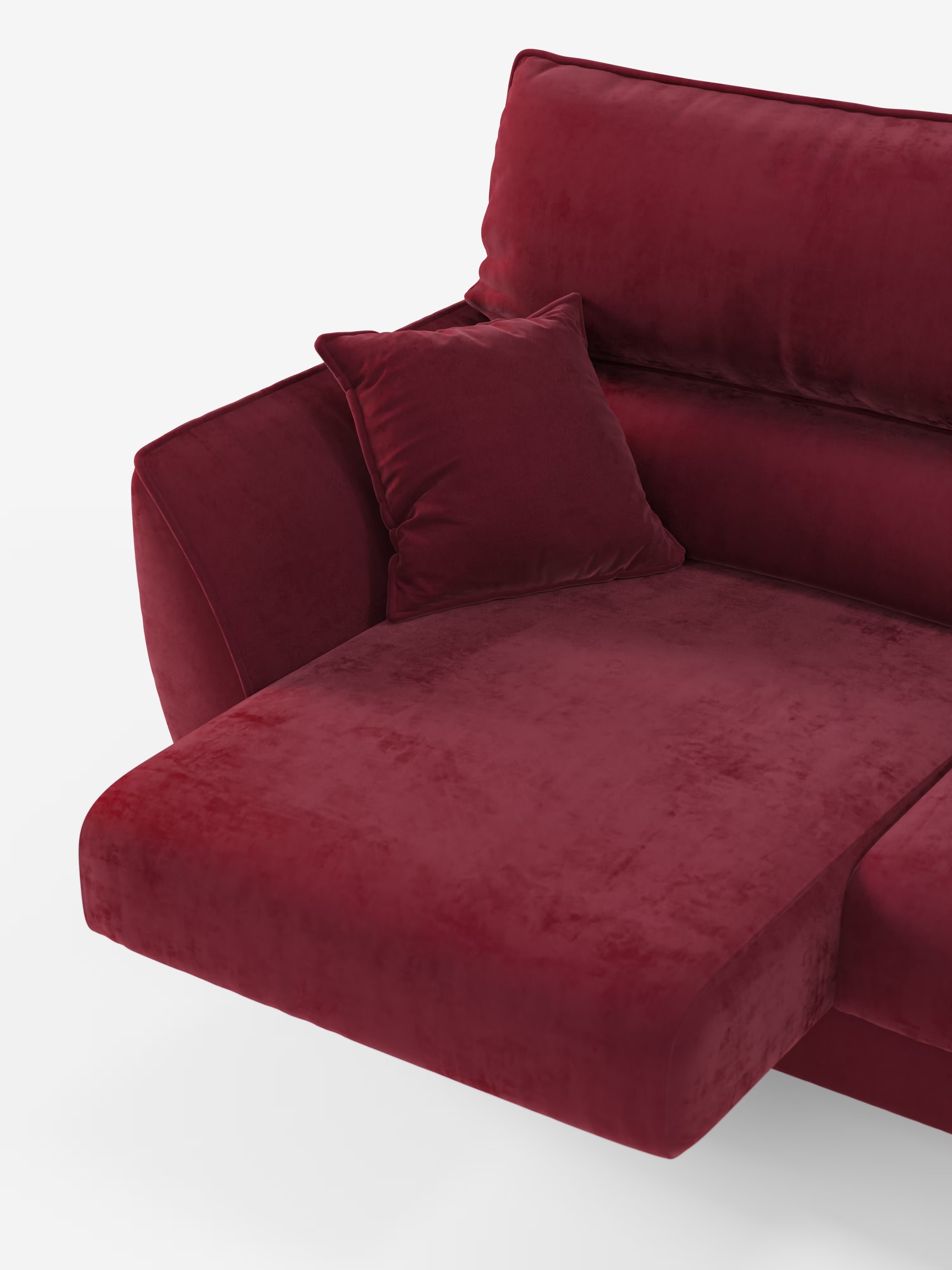Una sezione del divano angolare con penisola e sedute estensibili “Michelangelo” di Divani.Store, rivestito in un elegante tessuto effetto velluto T30 resistente alle macchie. La chaise longue rosso intenso è caratterizzata da un'imbottitura generosa, un cuscino coordinato e poggiatesta regolabili, che offrono una consistenza morbida e vellutata per un'esperienza di seduta invitante e confortevole. Presentata su uno sfondo bianco a tinta unita.