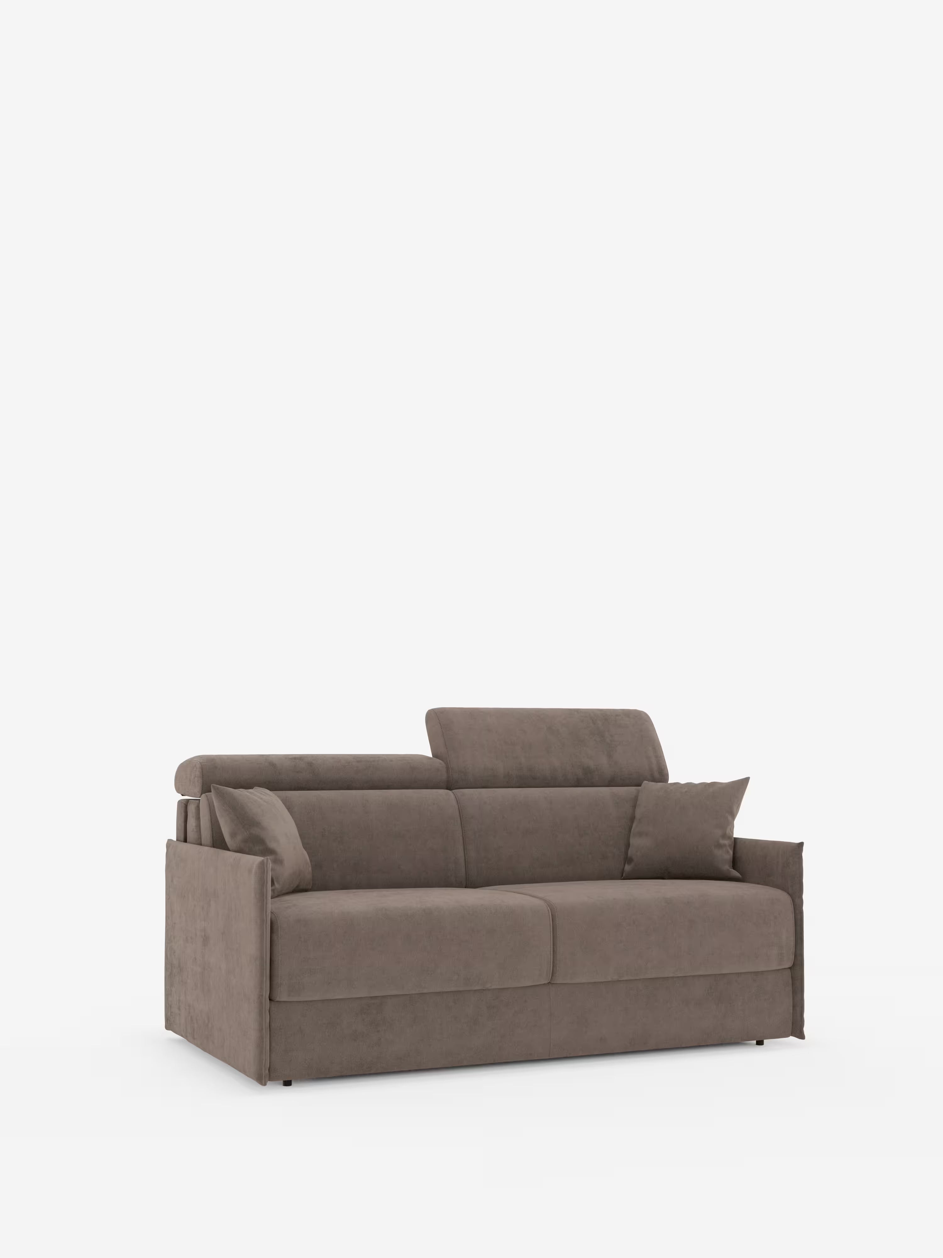 Il divano letto Miryam con poggiatesta reclinabili e comfort maxi di Divani.Store è un moderno divano in tessuto marrone dotato di due cuscini di seduta, ampi braccioli, poggiatesta regolabili e due cuscini decorativi abbinati. Presentato su uno sfondo bianco a tinta unita, incarna uno stile minimal contemporaneo grazie al suo design compatto realizzato in morbido tessuto T31 resistente alle macchie.