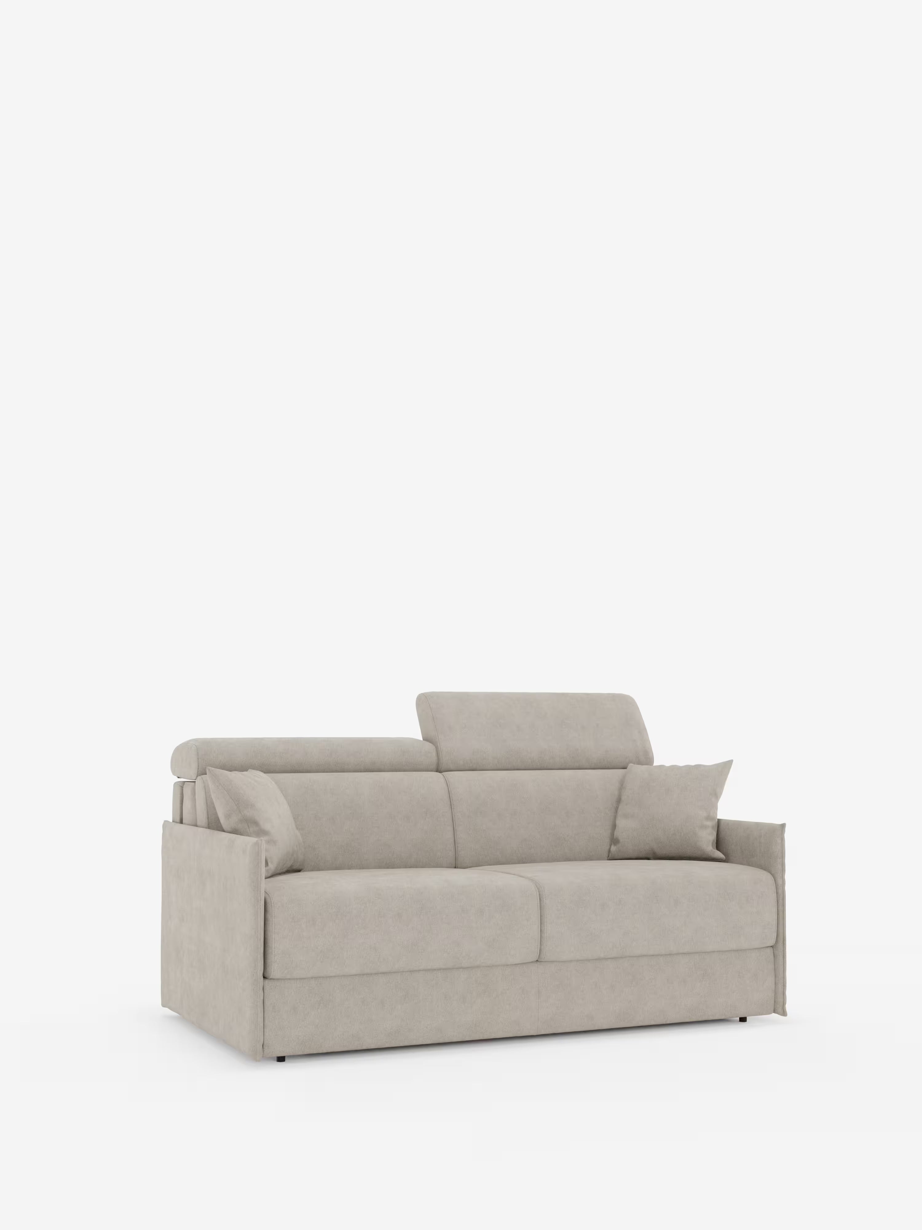 Vi presentiamo il divano letto Miryam con poggiatesta reclinabili e comfort maxi di Divani.Store: un divano contemporaneo color grigio chiaro, dal design compatto e rivestito in morbido tessuto T31 facile da pulire. Dotato di due cuscini di seduta, due cuscini decorativi abbinati e poggiatesta reclinabili, il suo stile moderno e minimalista è esaltato dai braccioli dritti e dal rivestimento elegante, qui raffigurato su uno sfondo bianco a tinta unita.
