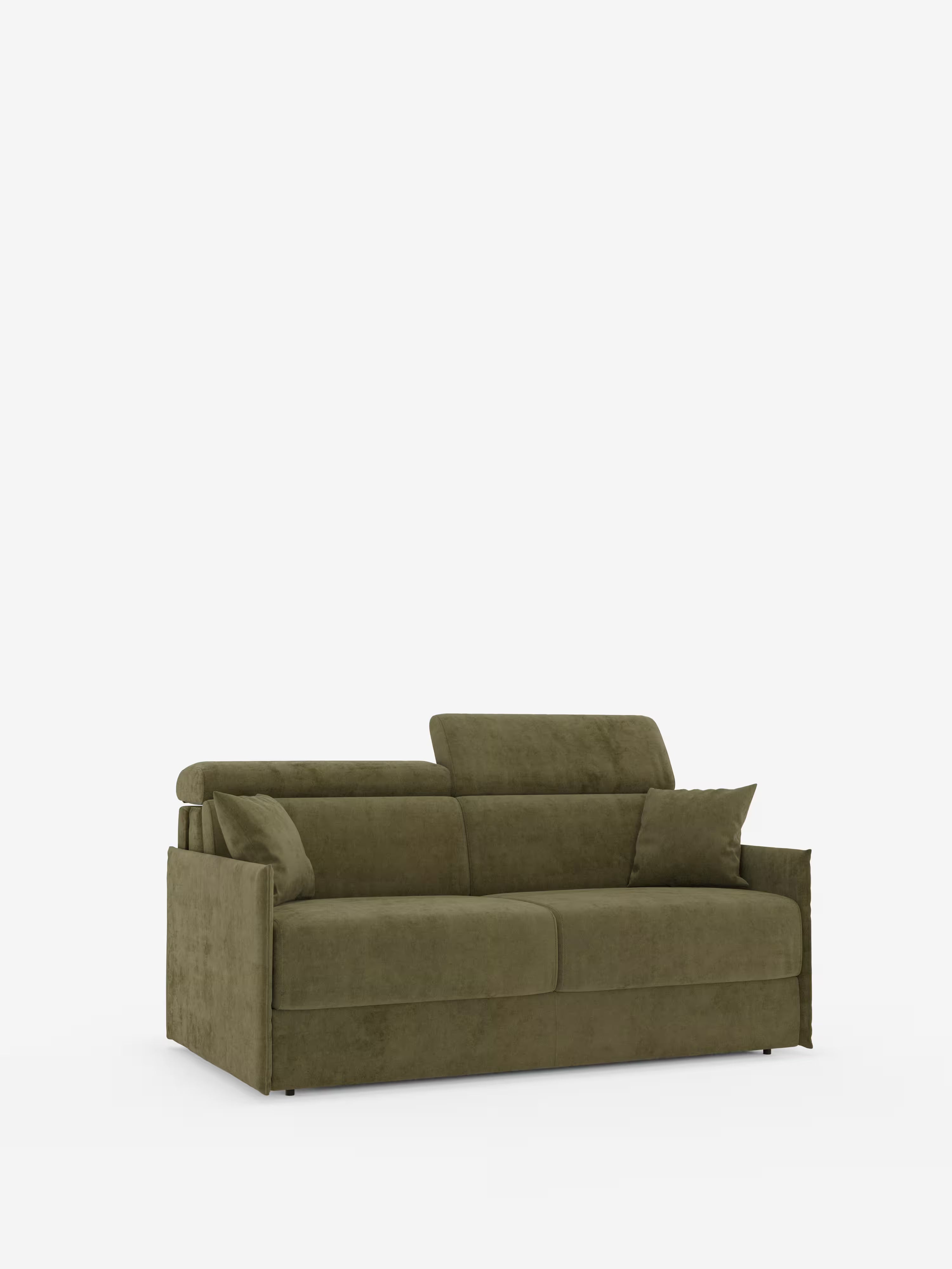 Il divano letto Miryam di Divani.Store, realizzato in morbido tessuto T31 resistente alle macchie, spicca su uno sfondo bianco a tinta unita. Questo divano letto compatto presenta un design moderno dalle linee squadrate ispirato allo stile minimal contemporaneo, con due cuscini di seduta, due schienali abbinati con poggiatesta regolabili per un maggiore comfort e due cuscini quadrati. I braccioli leggermente rialzati completano il suo look elegante e contemporaneo.