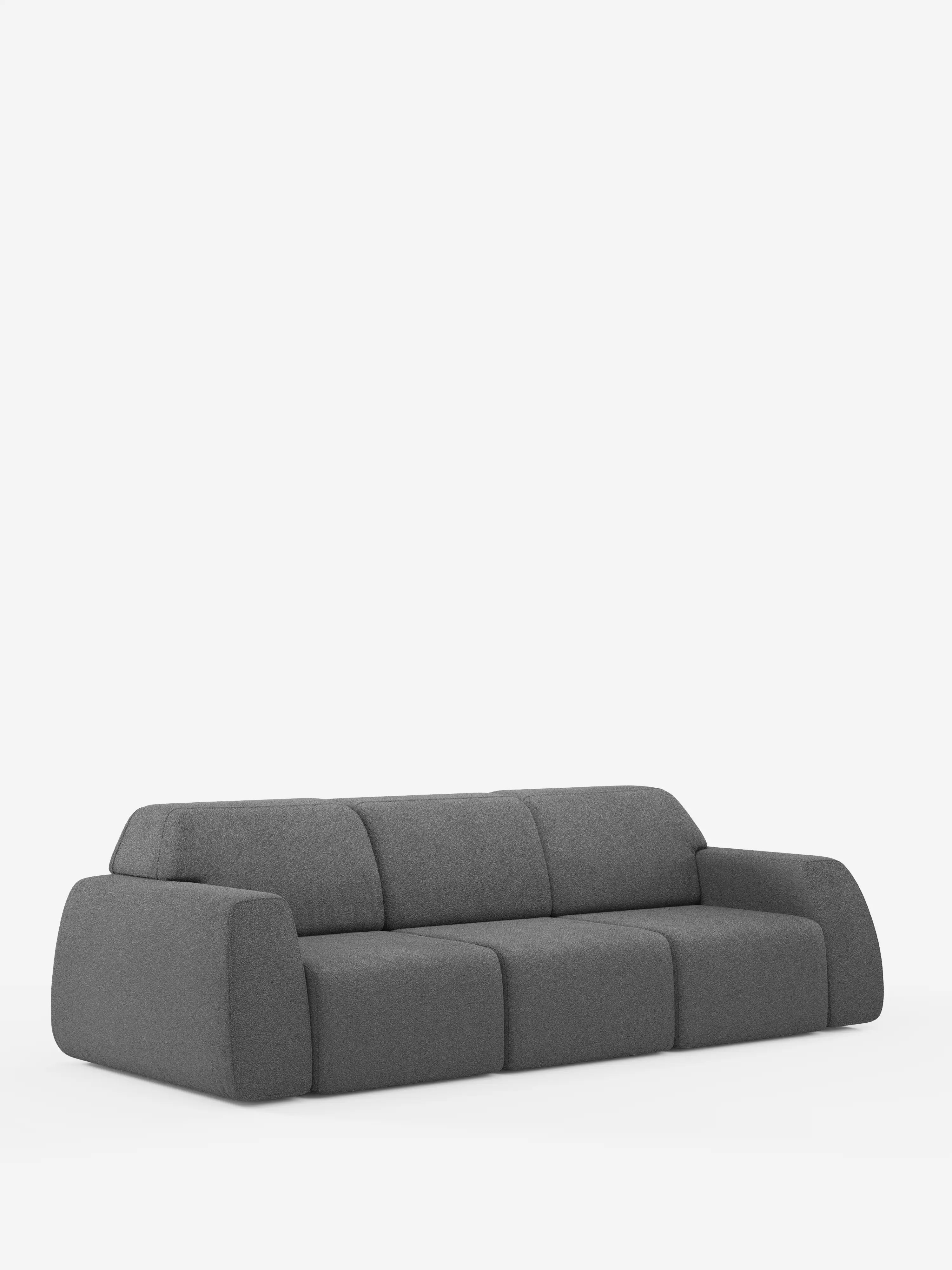 Un elegante e contemporaneo divano Orbit con 3 sedute scorrevoli e allungabili in tessuto effetto cotone smacchiabile T33 di Divani.Store è esposto su uno sfondo bianco a tinta unita. Rivestito in un moderno tessuto grigio scuro, questo divano a quattro posti presenta tre sedute indipendenti scorrevoli ed estensibili, ampi braccioli arrotondati e un morbido rivestimento sfoderabile. Il suo profilo basso e le linee pulite e minimaliste creano un look confortevole e sofisticato.